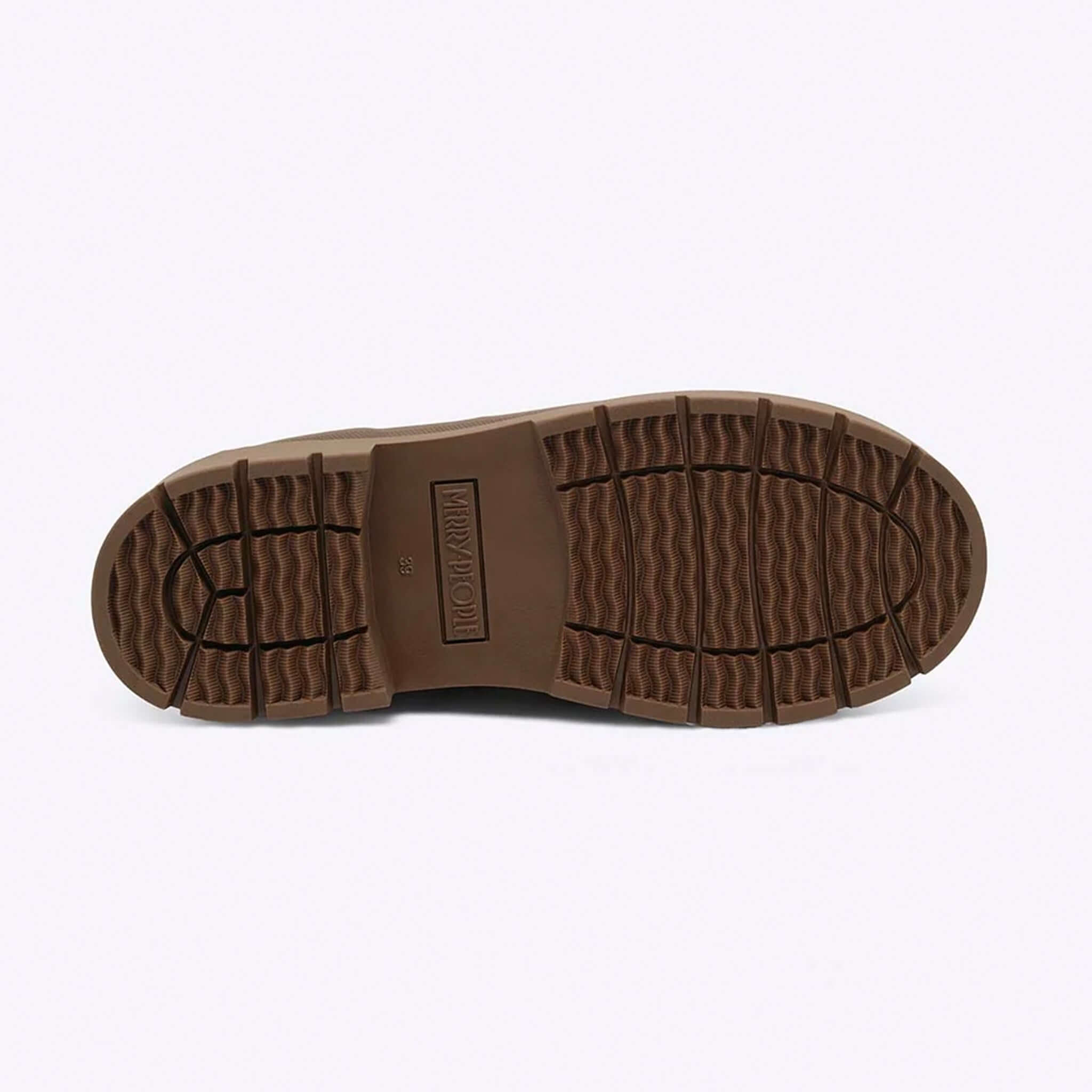 Merry People Bobbi Ankle Boots - Ochre sole view showcasing traction and natural rubber construction.