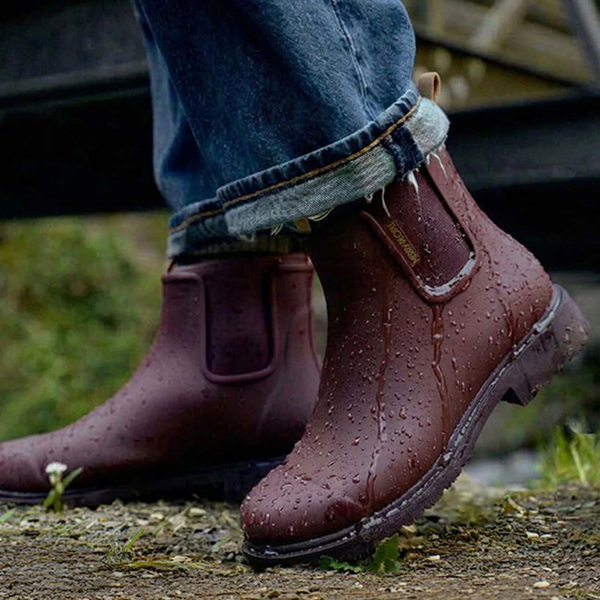 Merry People Bobbi Ankle Boots - Dark Cherry on a rainy day, showcasing waterproof design and durable material.