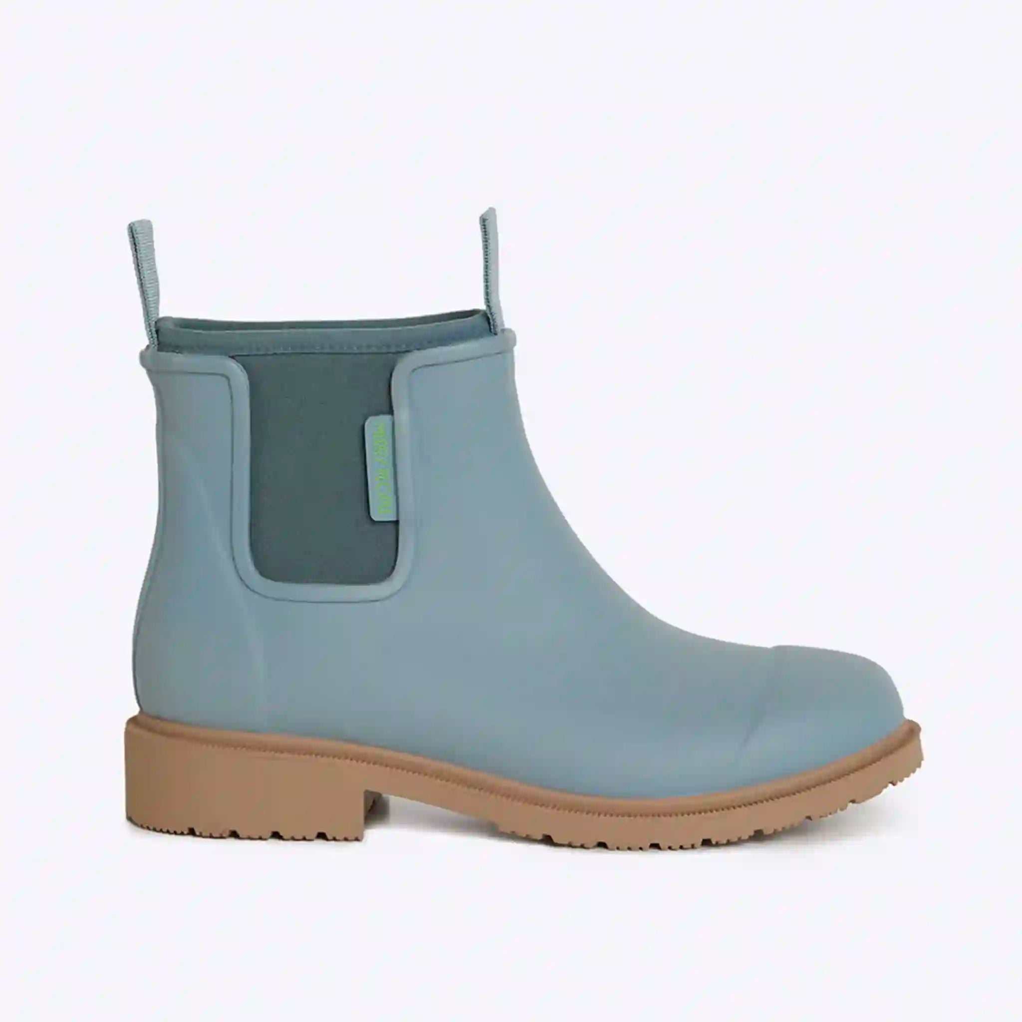Blue rubber boot with brown sole on a white background
