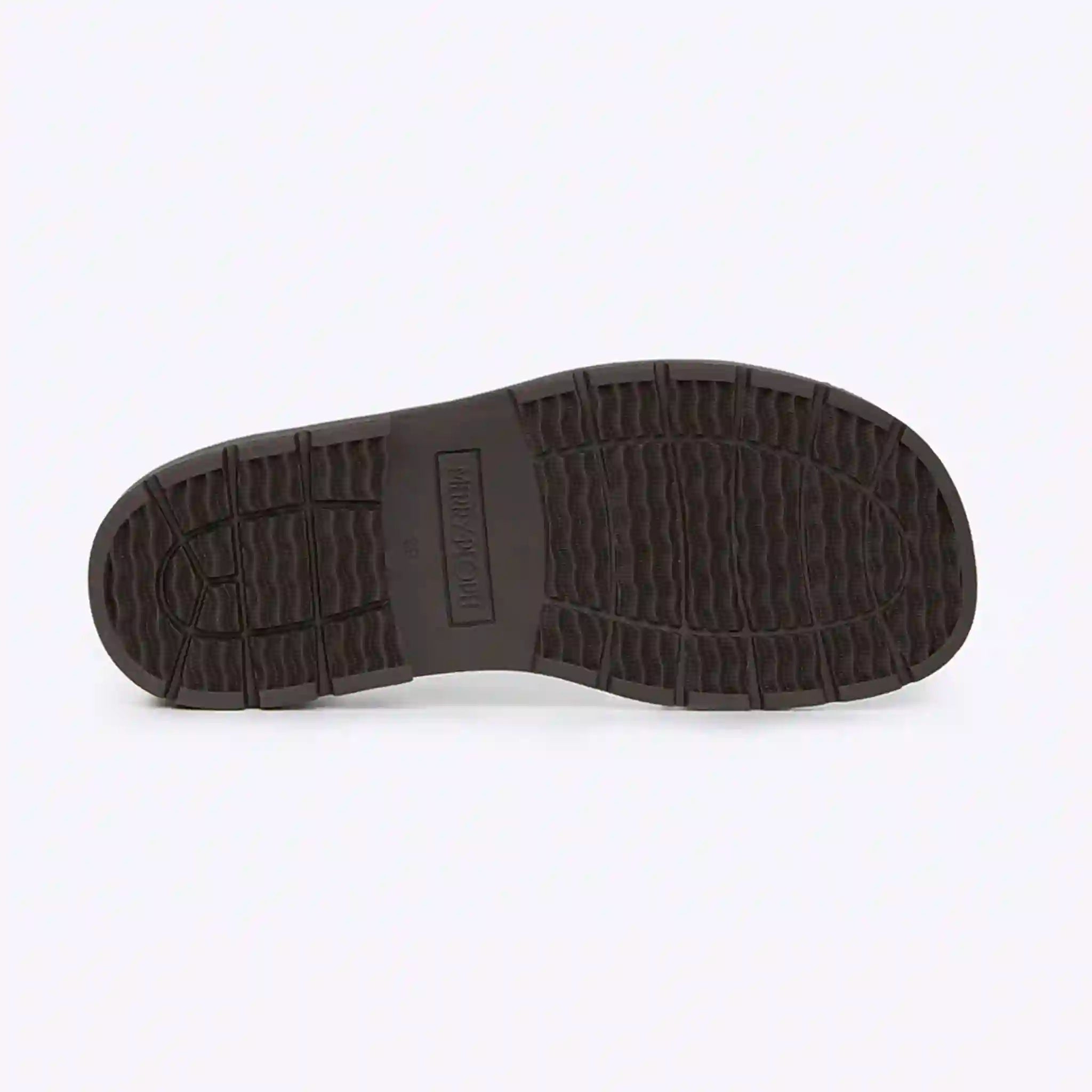 Dark brown sole of a shoe on a white background