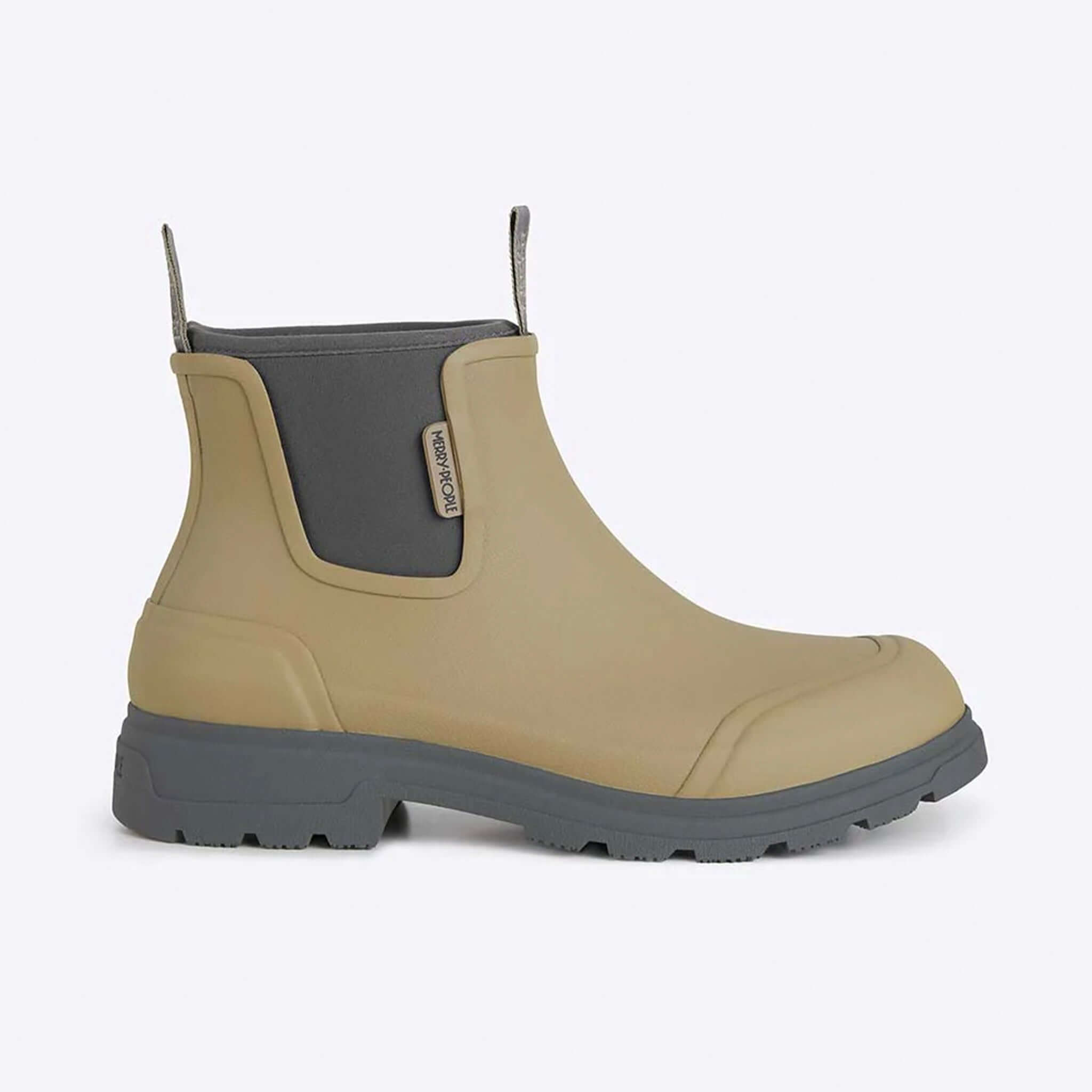 Alt Tag: Merry People Oberon Boots - Stone unisex wide-fit 100% waterproof natural rubber ankle boots with neoprene lining, side view
