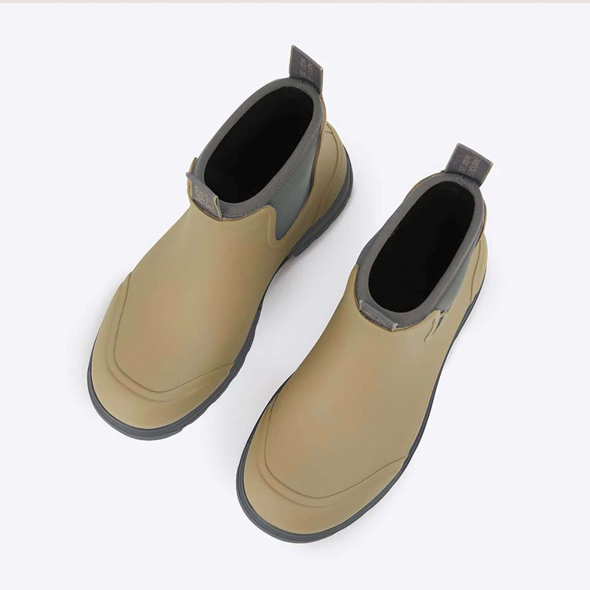 Alt Tag: Merry People Oberon Boots - Stone unisex wide-fit waterproof natural rubber ankle boots with neoprene lining, top view