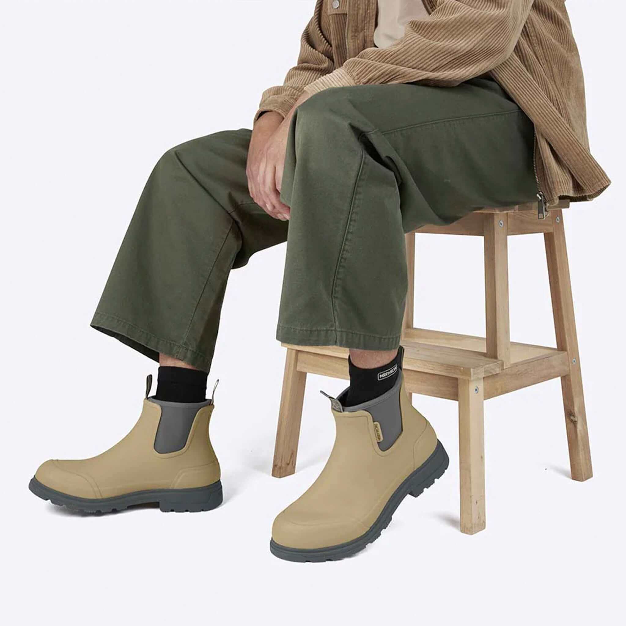 Alt Tag: Merry People Oberon Boots - Storm Blue unisex waterproof wide-fit rubber boots shown on model, everyday adventure comfort