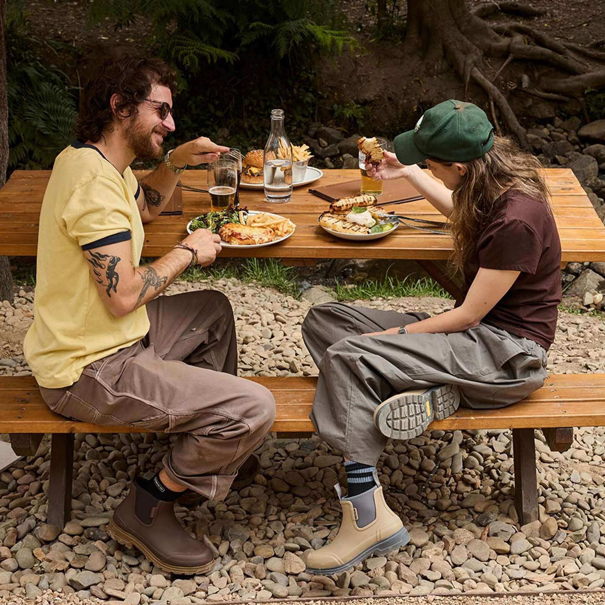 Alt Tag: Merry People Oberon Boots - Stone worn outdoors, 100% waterproof natural rubber unisex wide-fit boots for everyday adventures