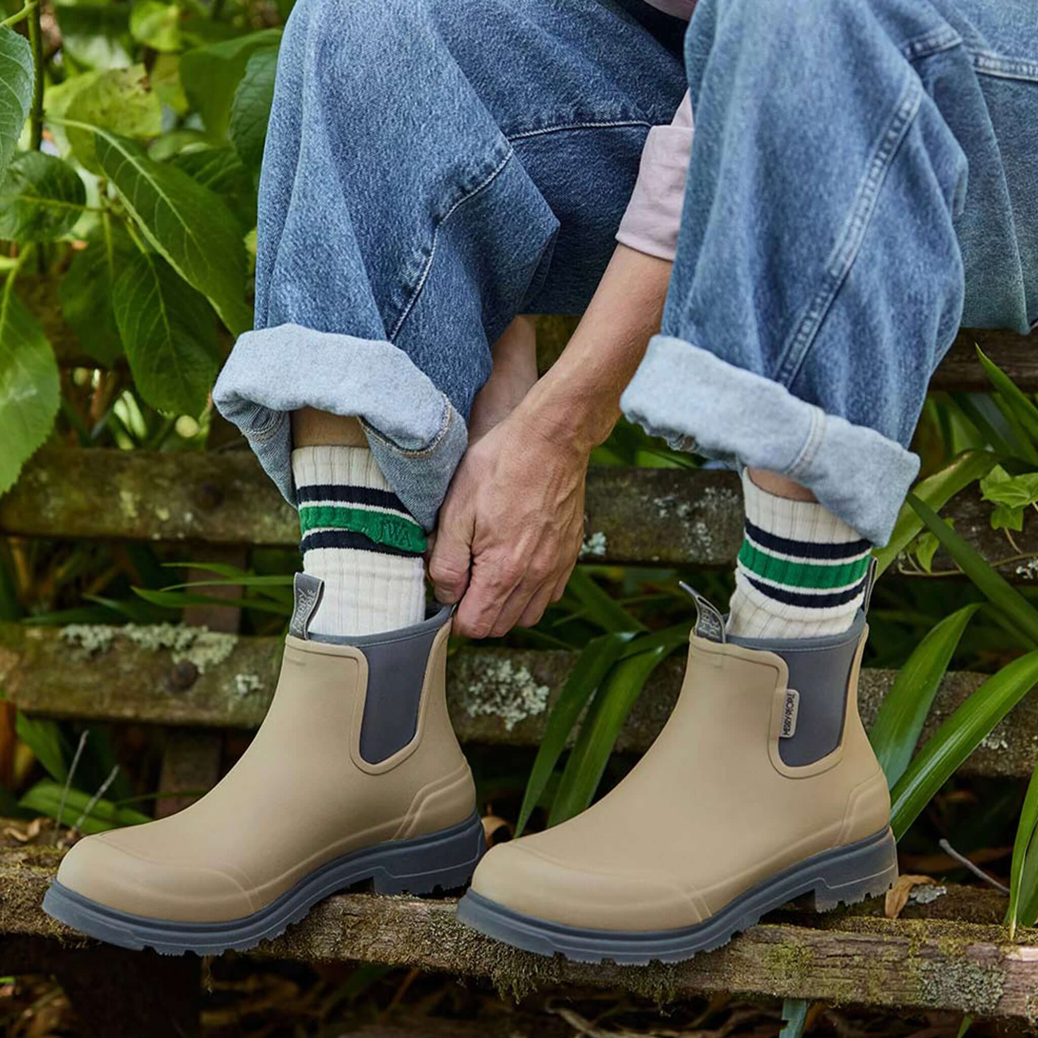 Alt Tag: Merry People Oberon Boots - Stone unisex wide-fit waterproof natural rubber boots with neoprene lining, worn outdoors