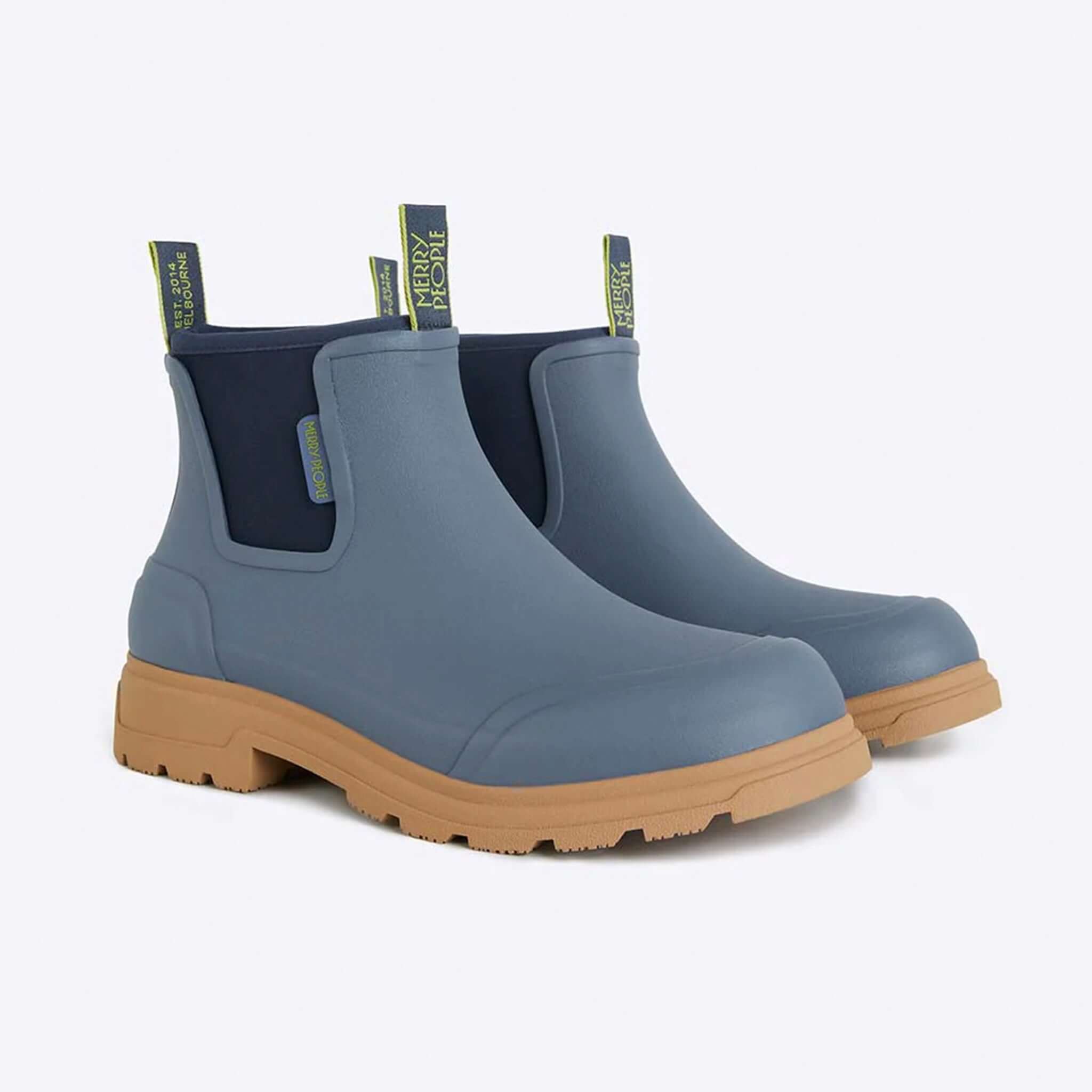 Alt Tag: Merry People Oberon Boots - Storm Blue unisex wide-fit 100% waterproof natural rubber ankle boots with tan sole