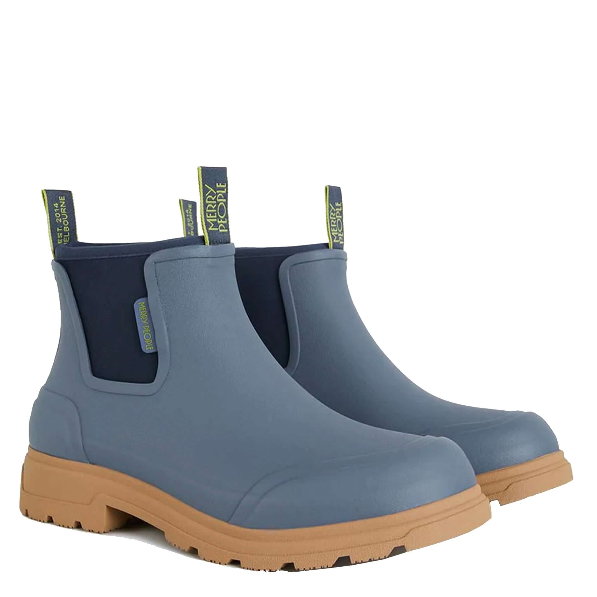 Alt Tag: Merry People Oberon Boots - Storm Blue unisex wide-fit 100% waterproof natural rubber ankle boots with tan sole
