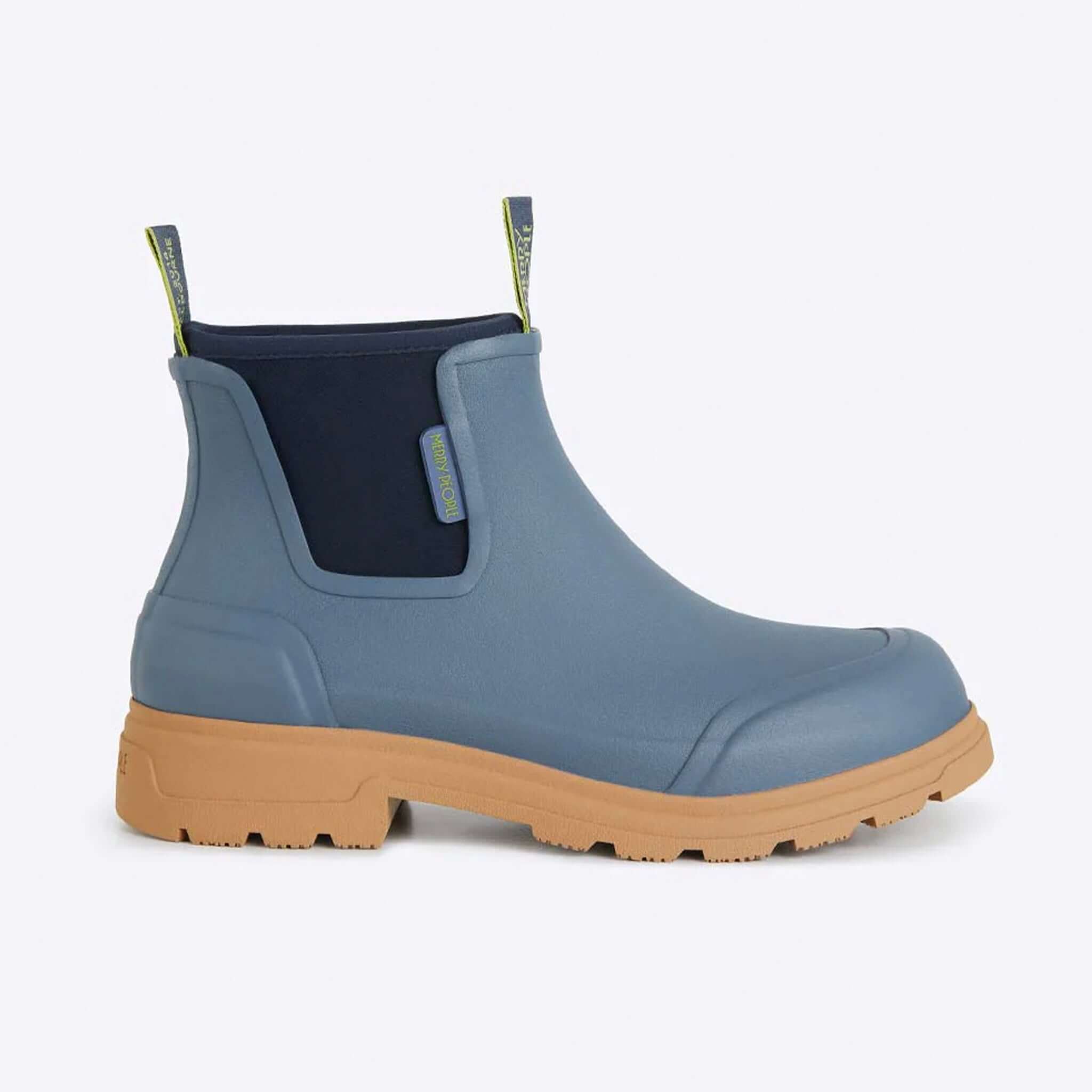 Alt Tag: Merry People Oberon Boots - Storm Blue waterproof unisex wide-fit ankle boot side view with gum sole