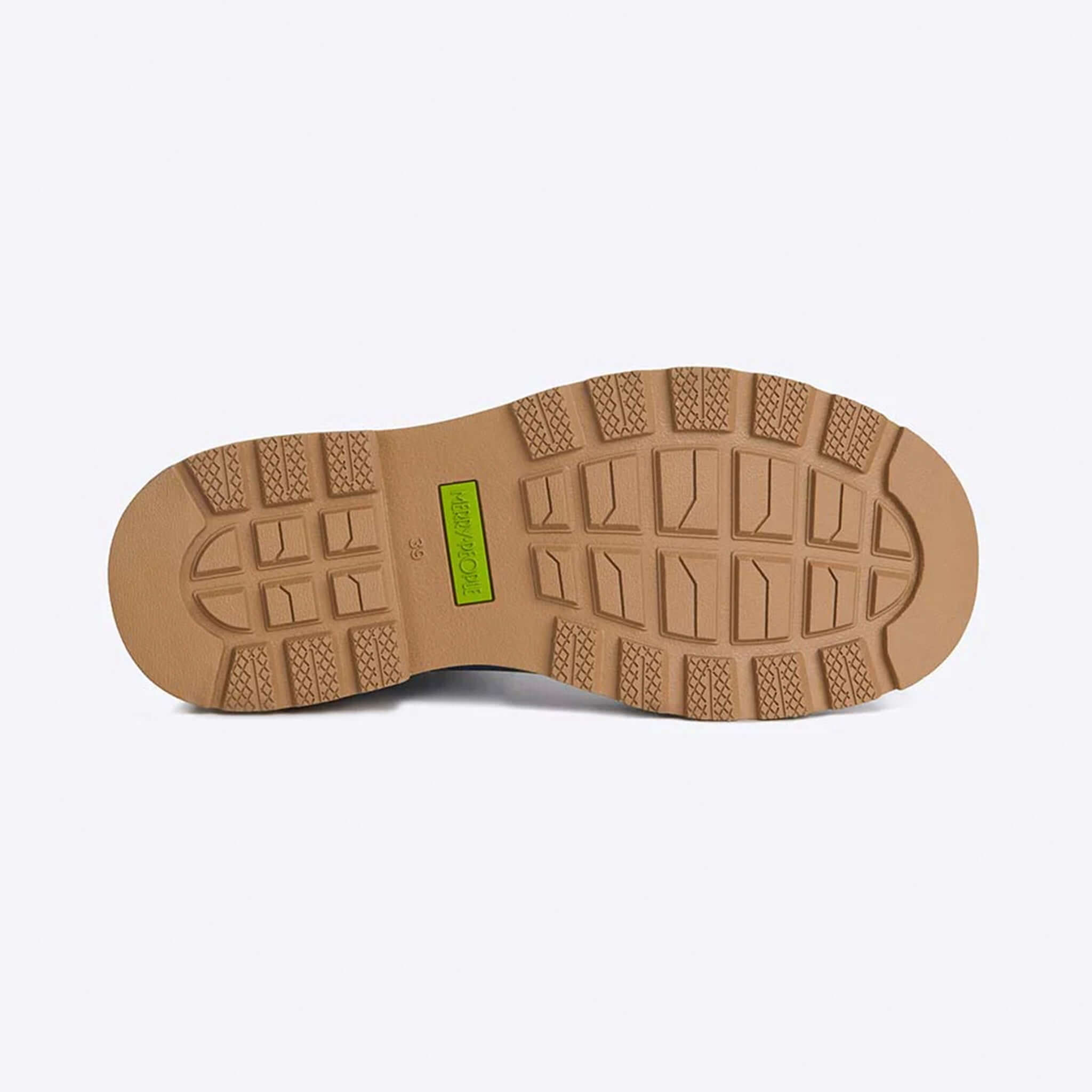 Alt Tag: Merry People Oberon Boots - Storm Blue outsole view with tan lugged tread, wide-fit 100% waterproof natural rubber