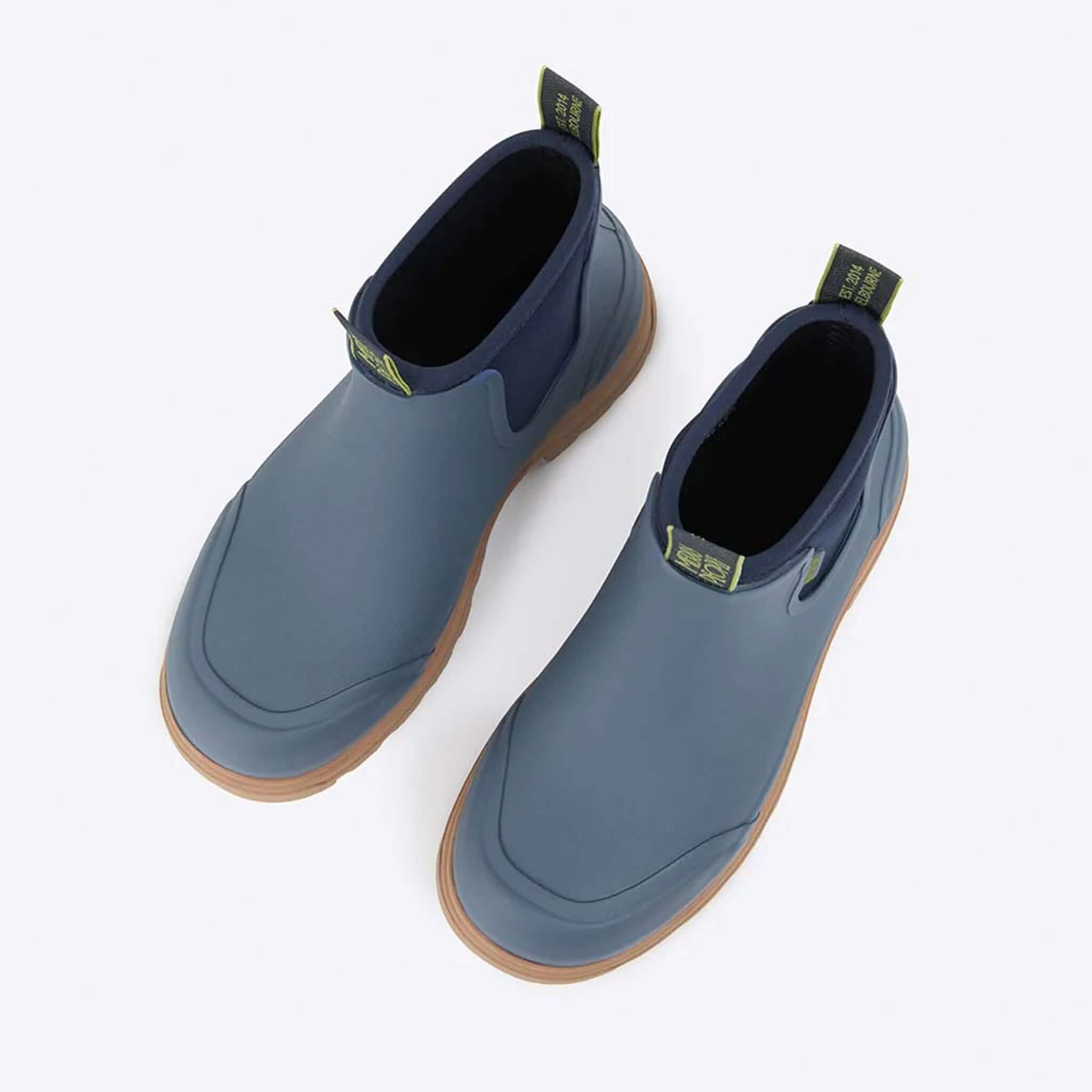 Alt Tag: Merry People Oberon Boots - Storm Blue unisex wide-fit waterproof natural rubber boots, top view