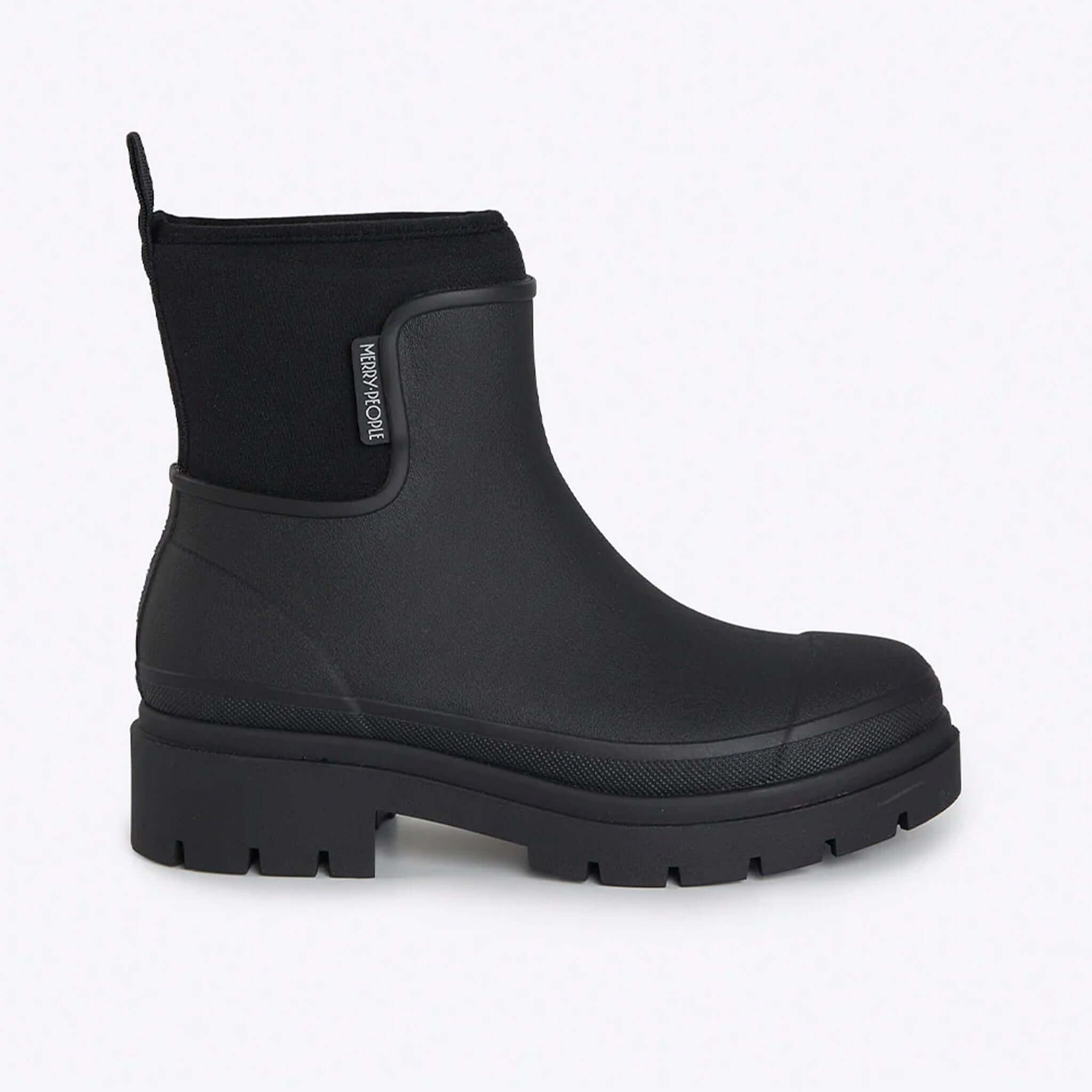 Alt Tag: Merry People Tully Boots - Black waterproof vegan rubber gumboot with chunky platform sole and neoprene cuff, side view