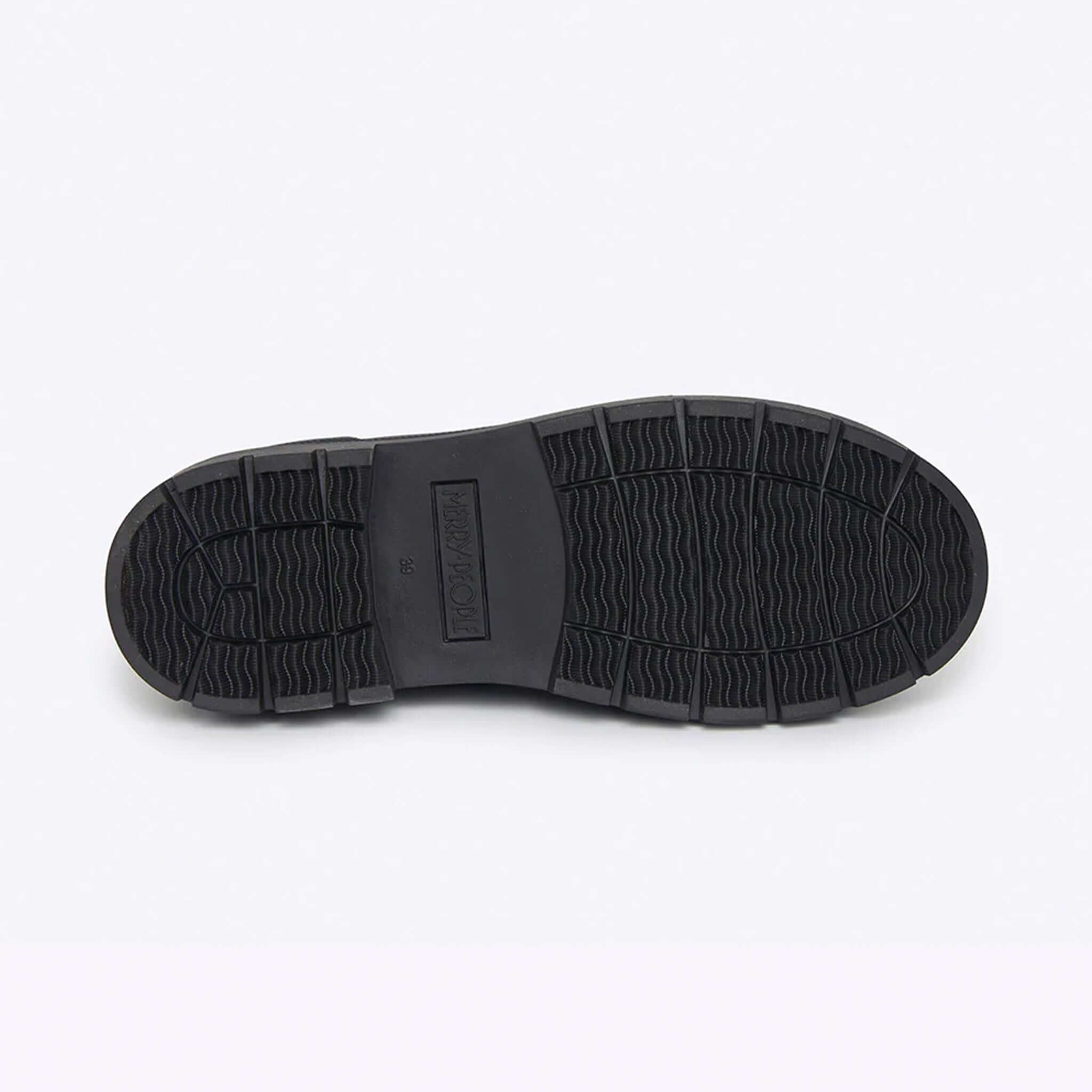 Alt Tag: Merry People Tully Boots - Black outsole view featuring chunky platform-style tread, waterproof vegan rubber gumboot sole