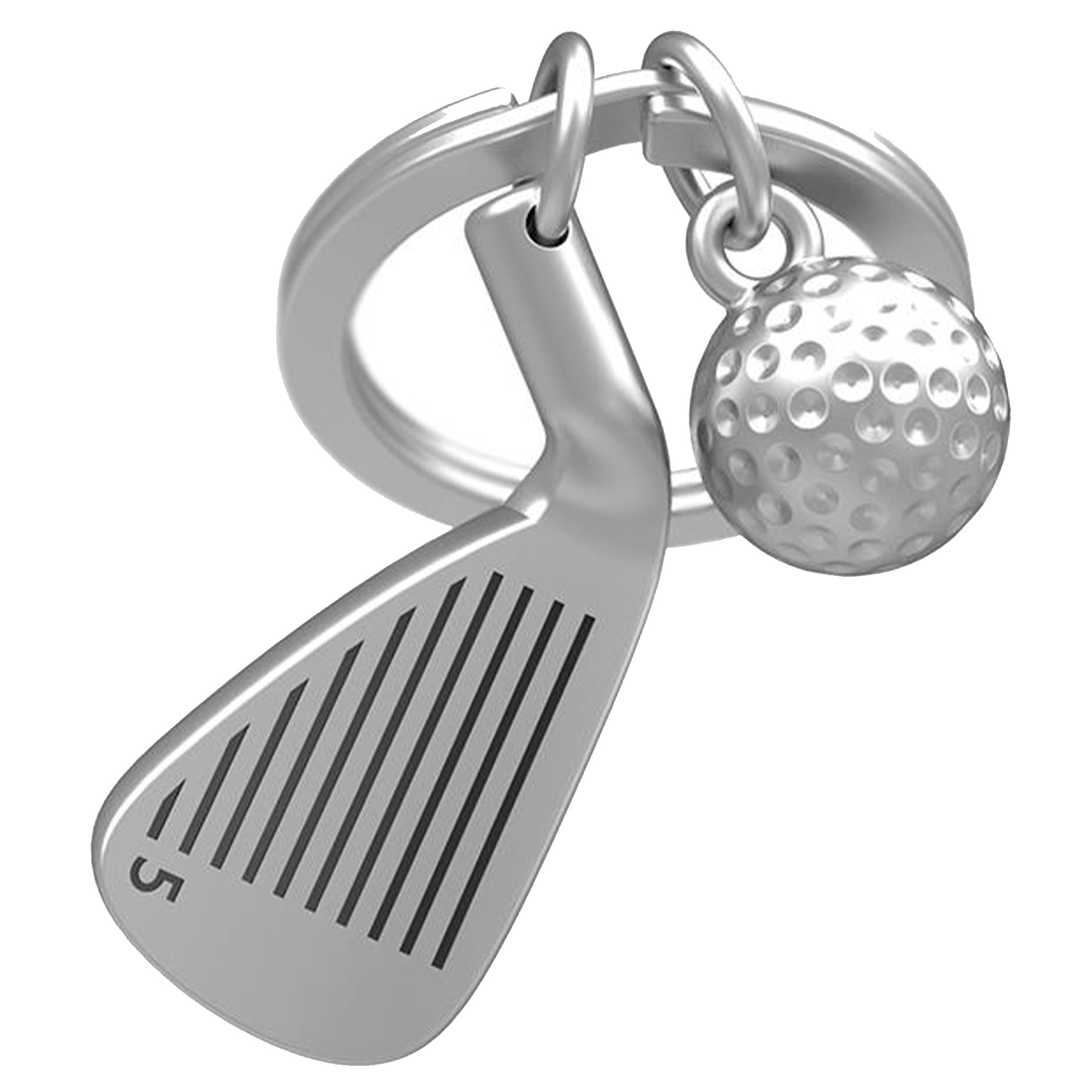 Silver keychain with golf club and ball charm on a white background