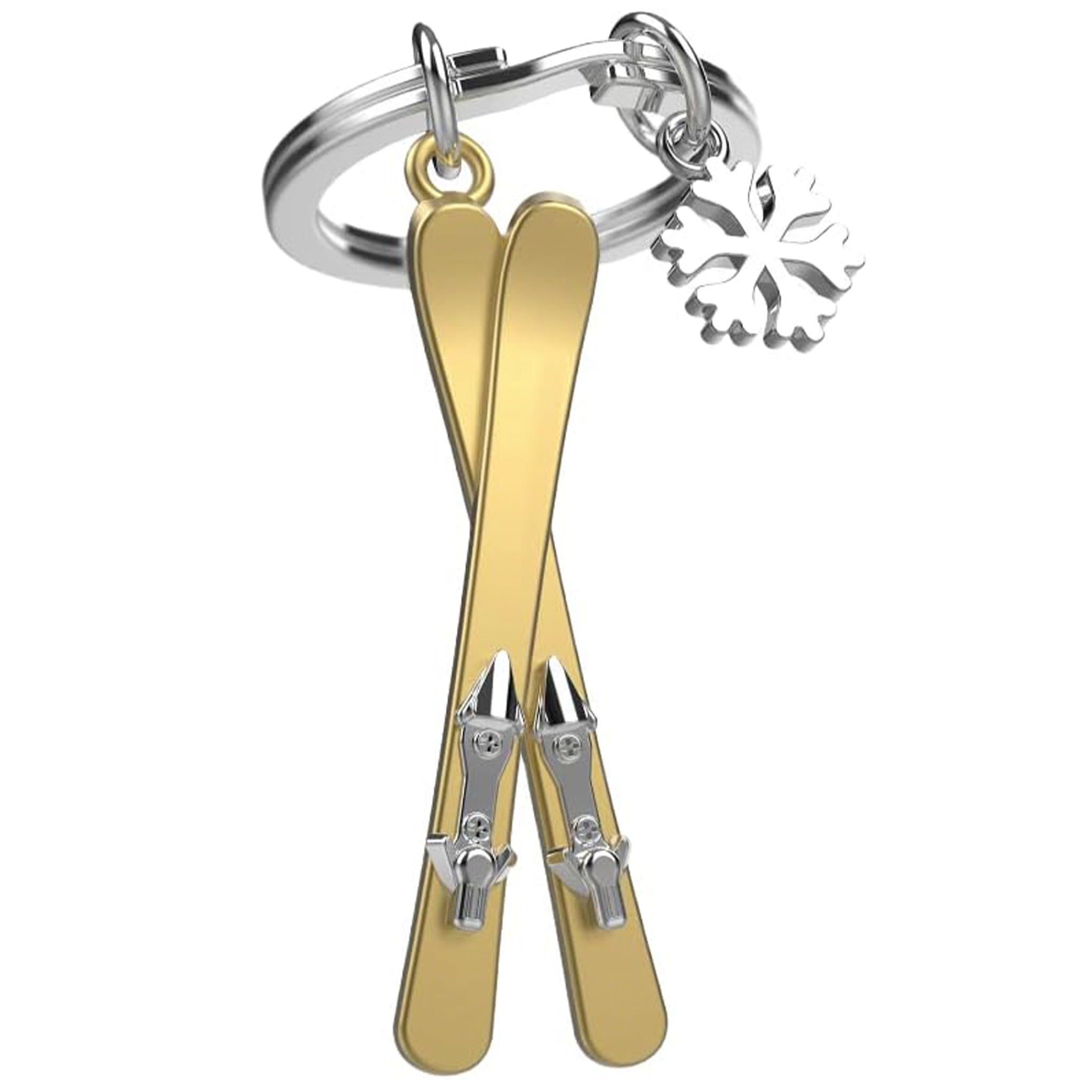 Keychain with gold skis and silver ski boots on a white background