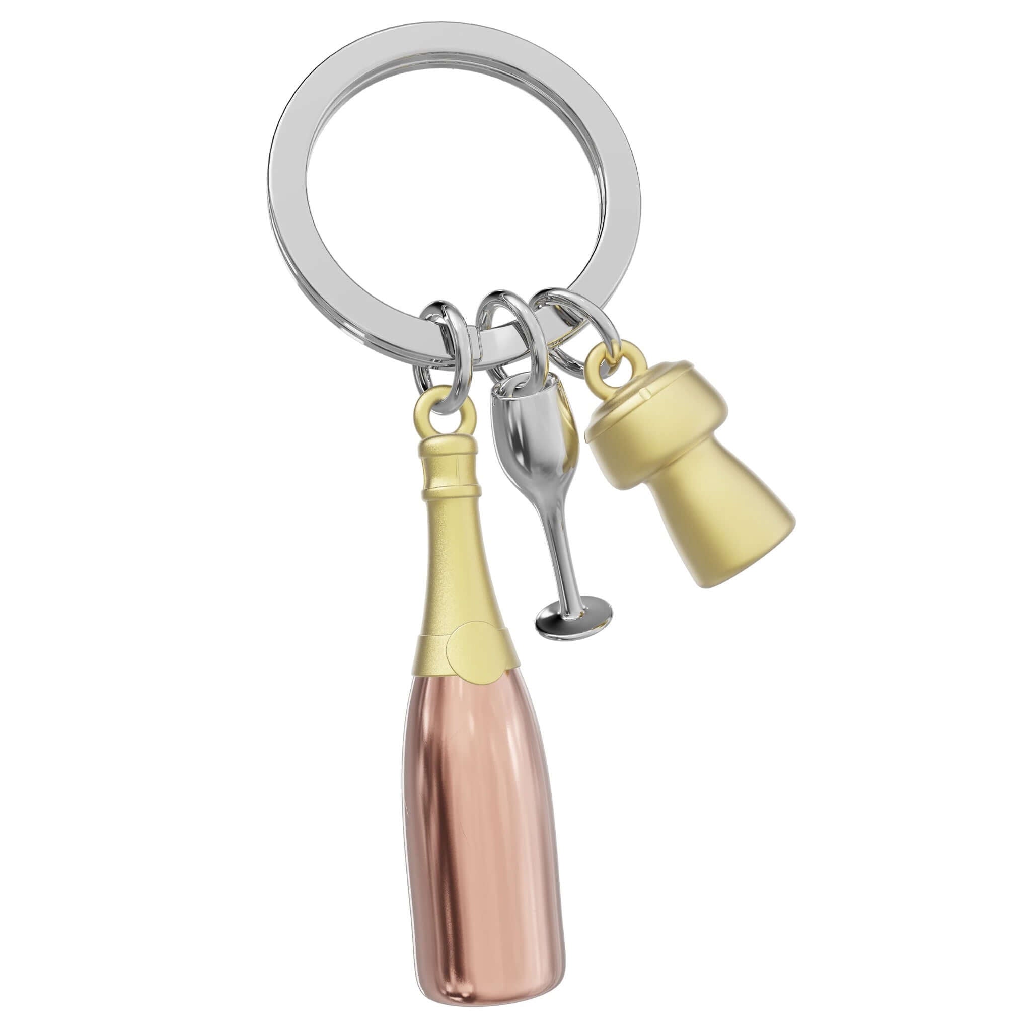Meta[l]morphose Keychain - Champagne Bottle Rose Gold featuring miniature champagne bottle, flute, and cork.