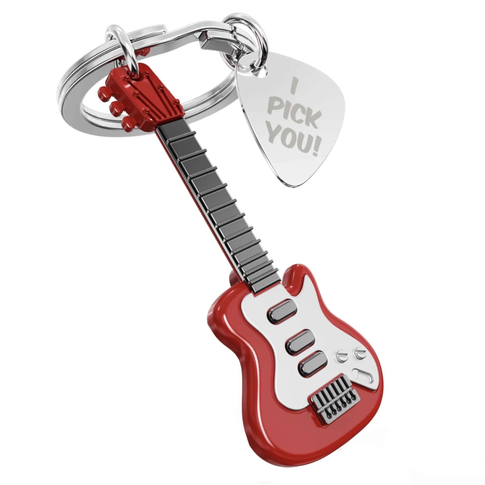 Alt Tag: Meta[l]morphose Keychain - Electric Guitar red Fender Stratocaster charm with silver pick engraved “I Pick You”