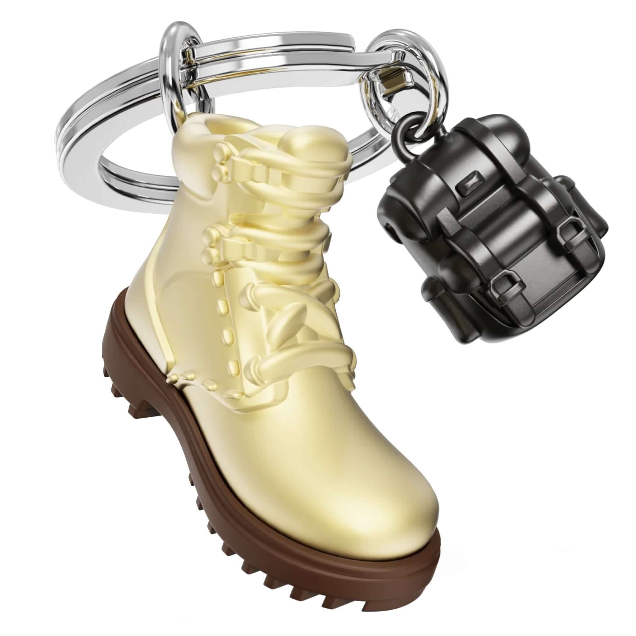 Meta[l]morphose Keychain - Hiking Boot featuring a gold hiking boot and black binoculars on a polished steel ring.