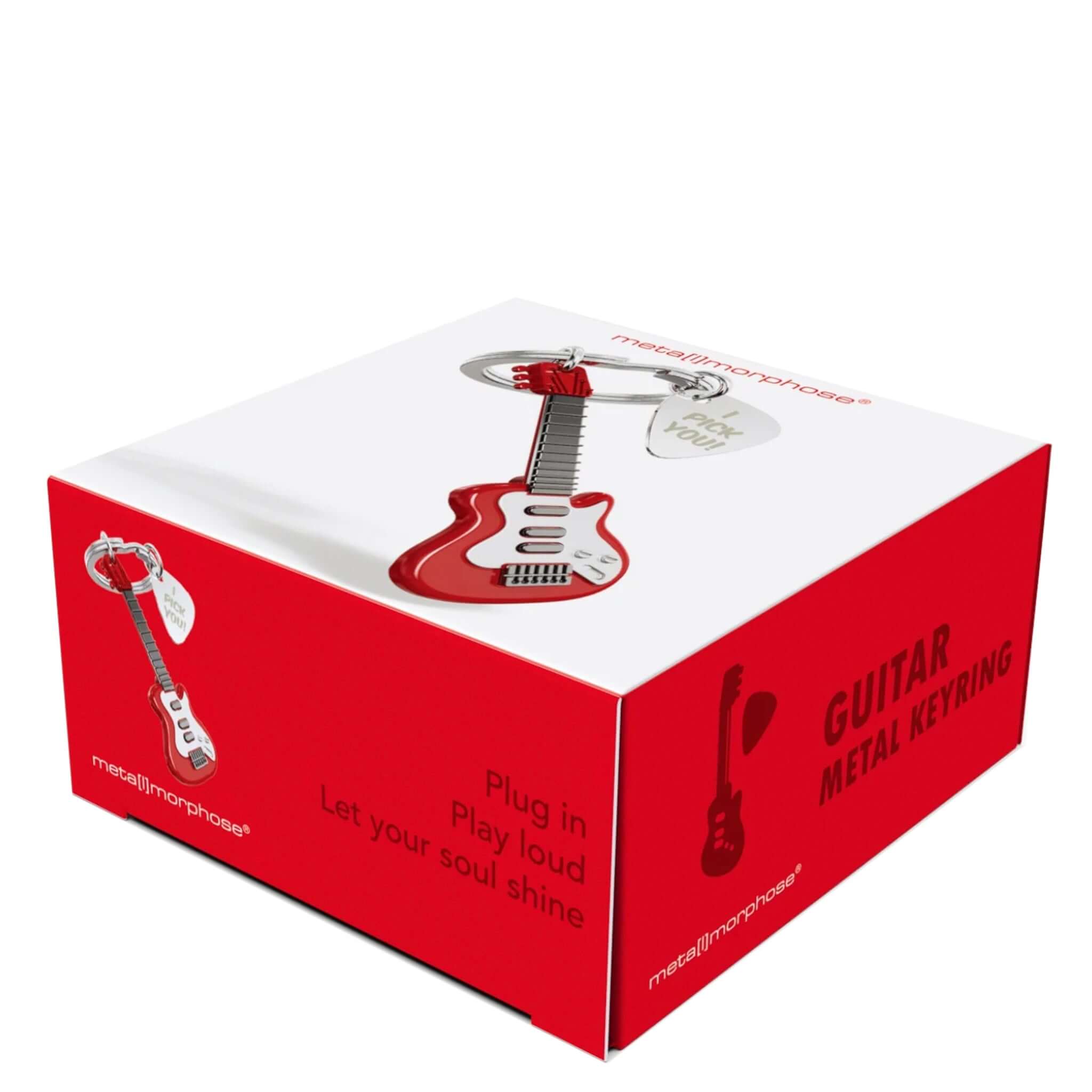 Alt Tag: Meta[l]morphose Keychain - Electric Guitar red Fender Stratocaster charm with silver “I Pick You” pick on gift box