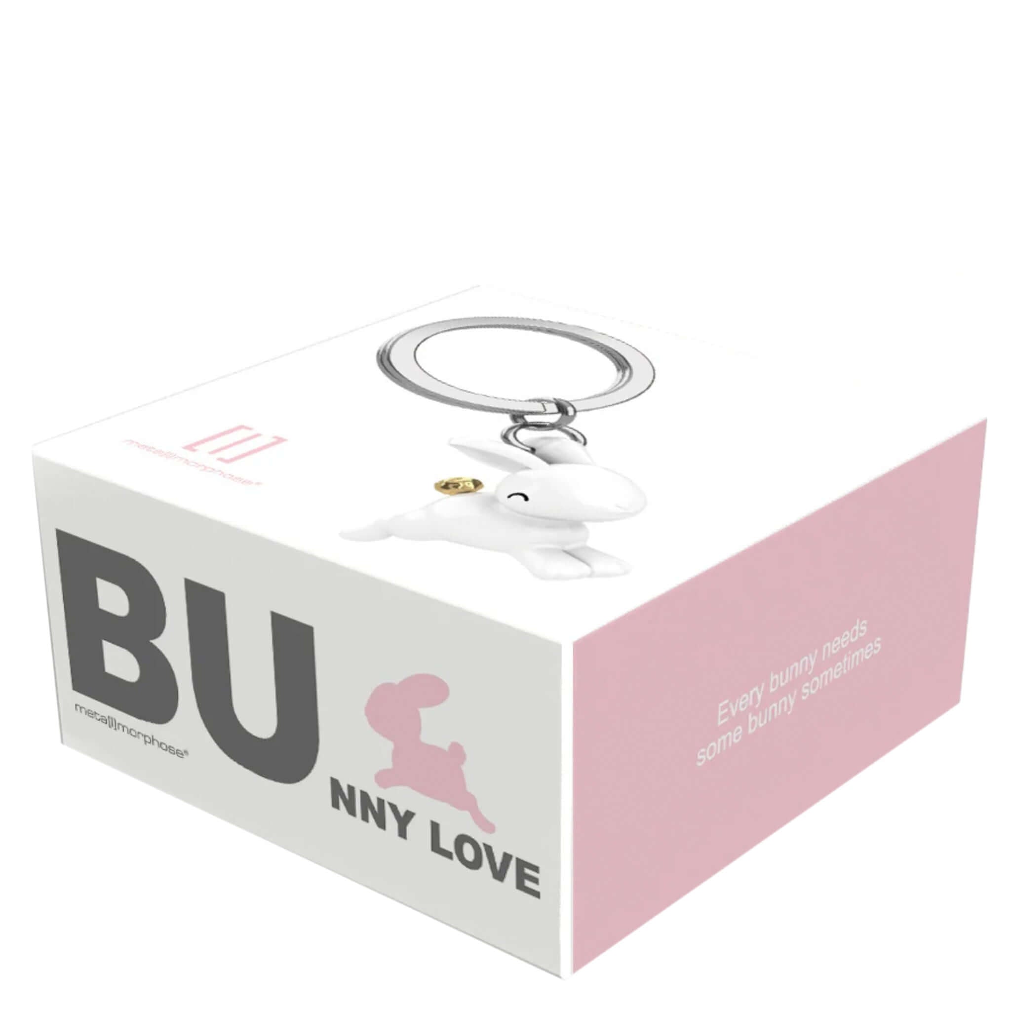 Meta[l]morphose Keychain - Flying Bunny on Bunny Love gift box, white flying bunny charm keyring with golden pom-pom tail