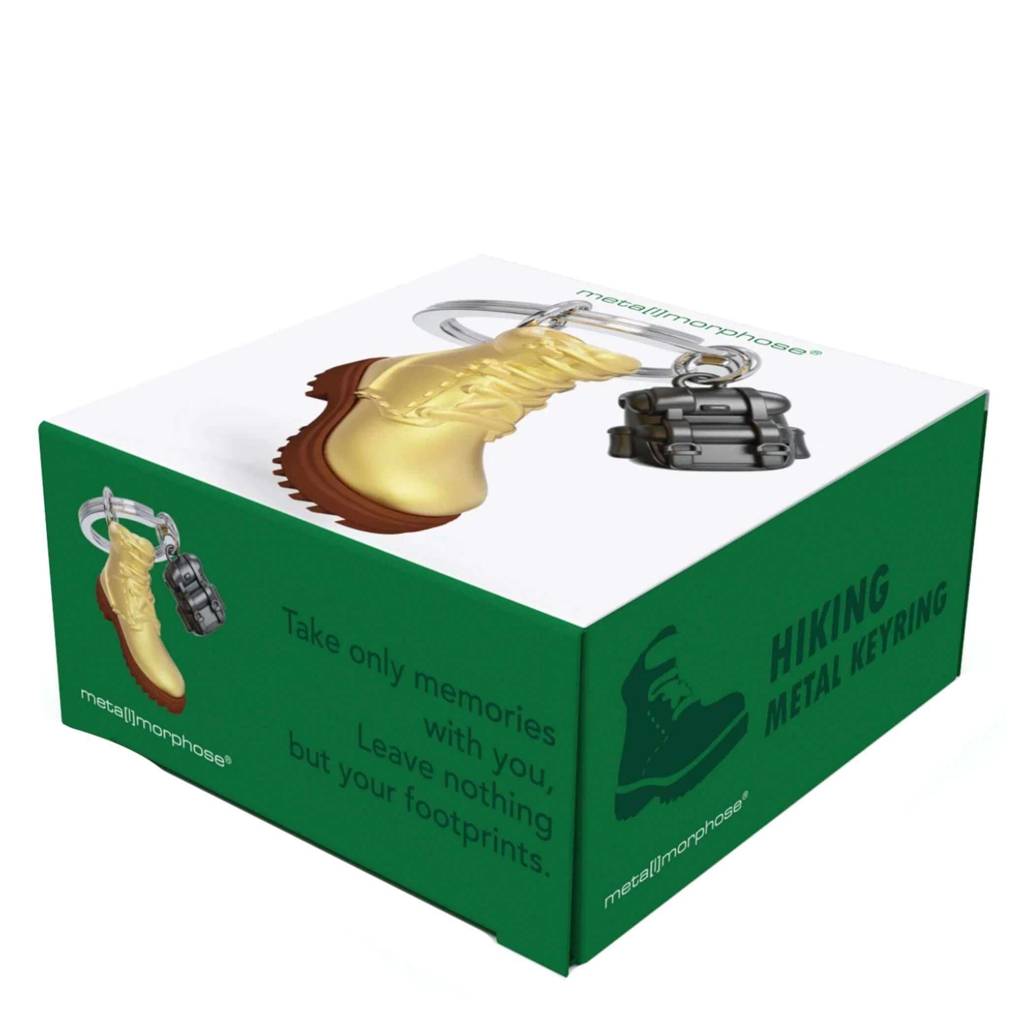 Meta[l]morphose Keychain - Hiking Boot featuring a gold boot and black binoculars on a green box.