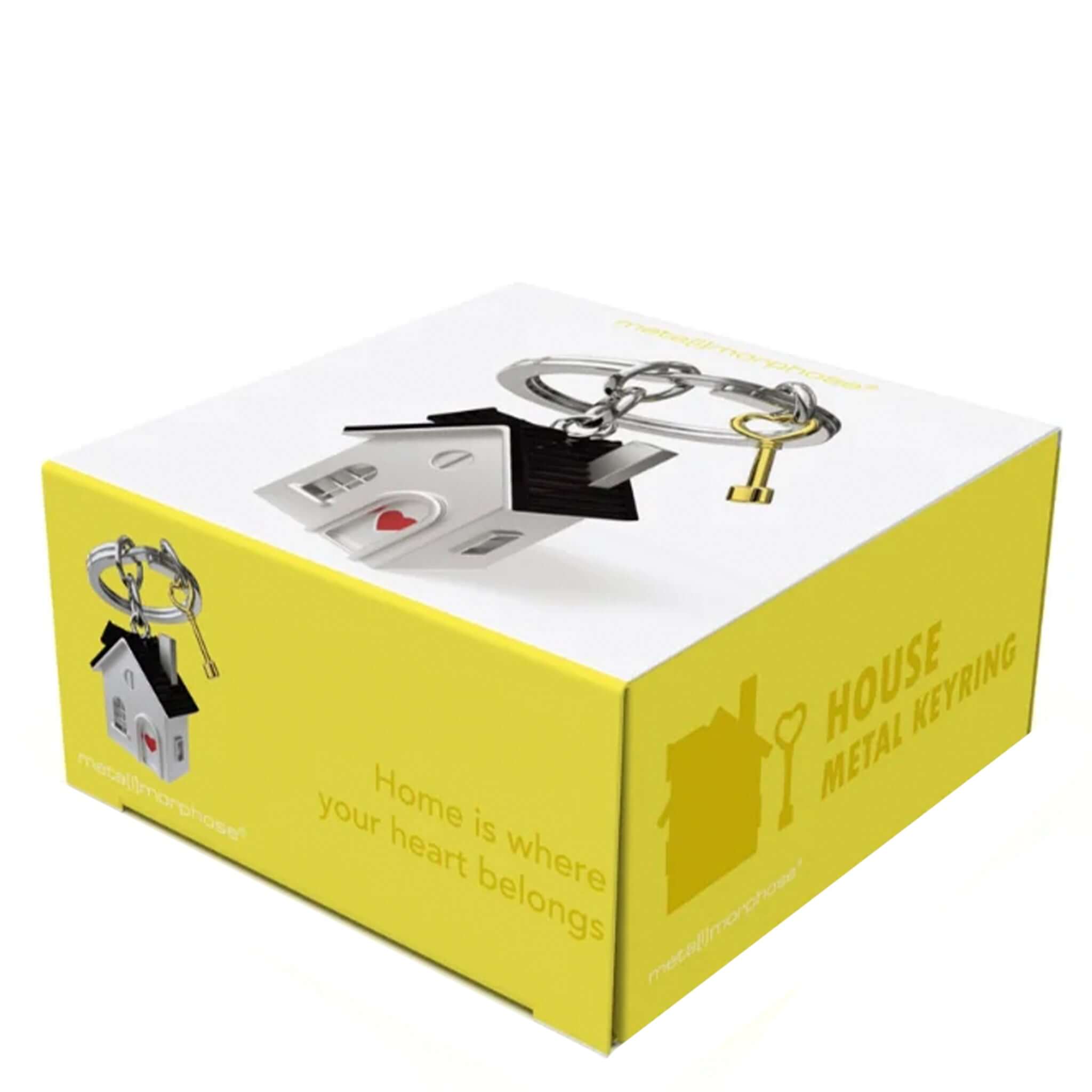Meta[l]morphose Keychain - House in a box with a heart design, perfect for housewarming gifts.