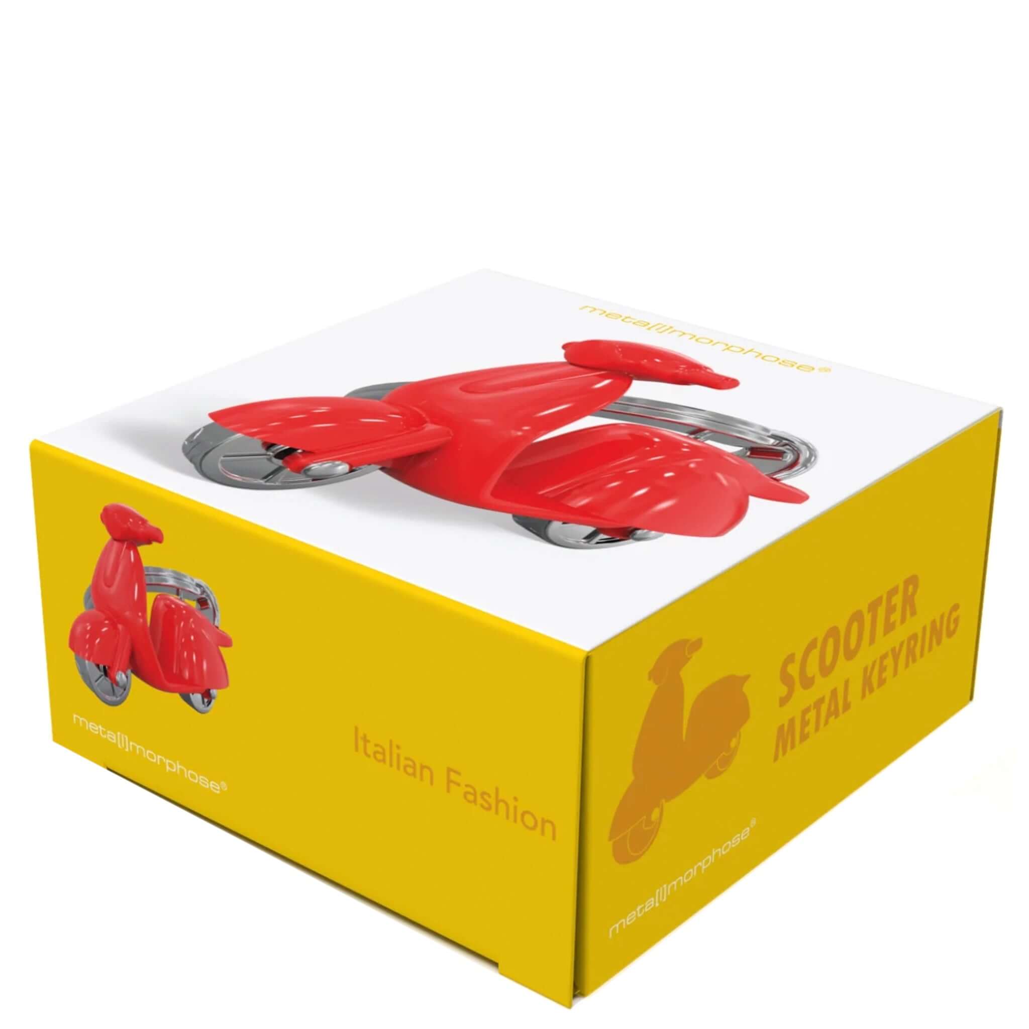 Alt Tag: Meta[l]morphose Keychain - Red Scooter metal keyring in gift box, vintage Italian scooter design, red collectible accessory
