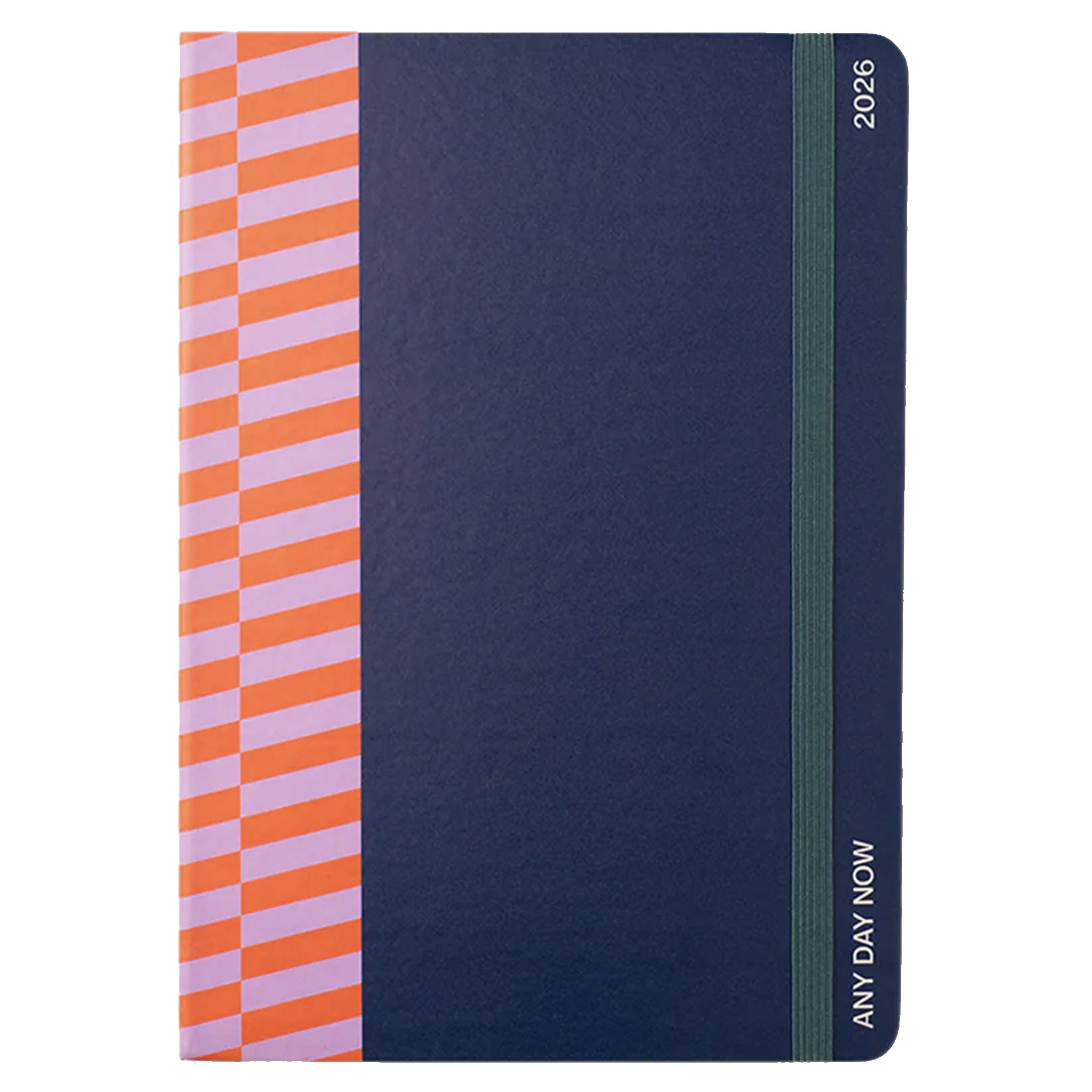 Navy blue diary with orange and pink striped pattern on a white background