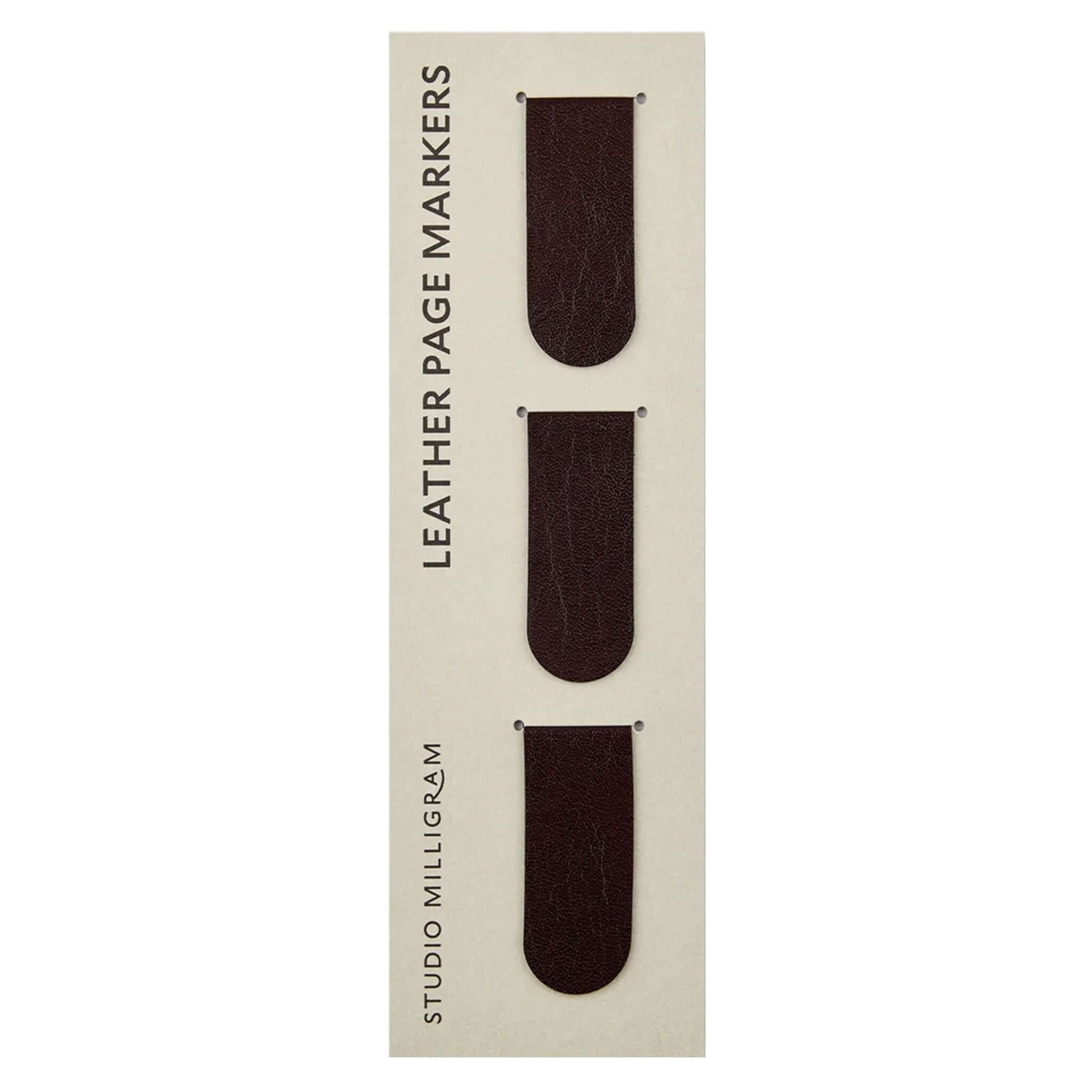 Milligram Recycled Leather Magnetic Page Markers - Burgundy product packaging with three leather page markers.
