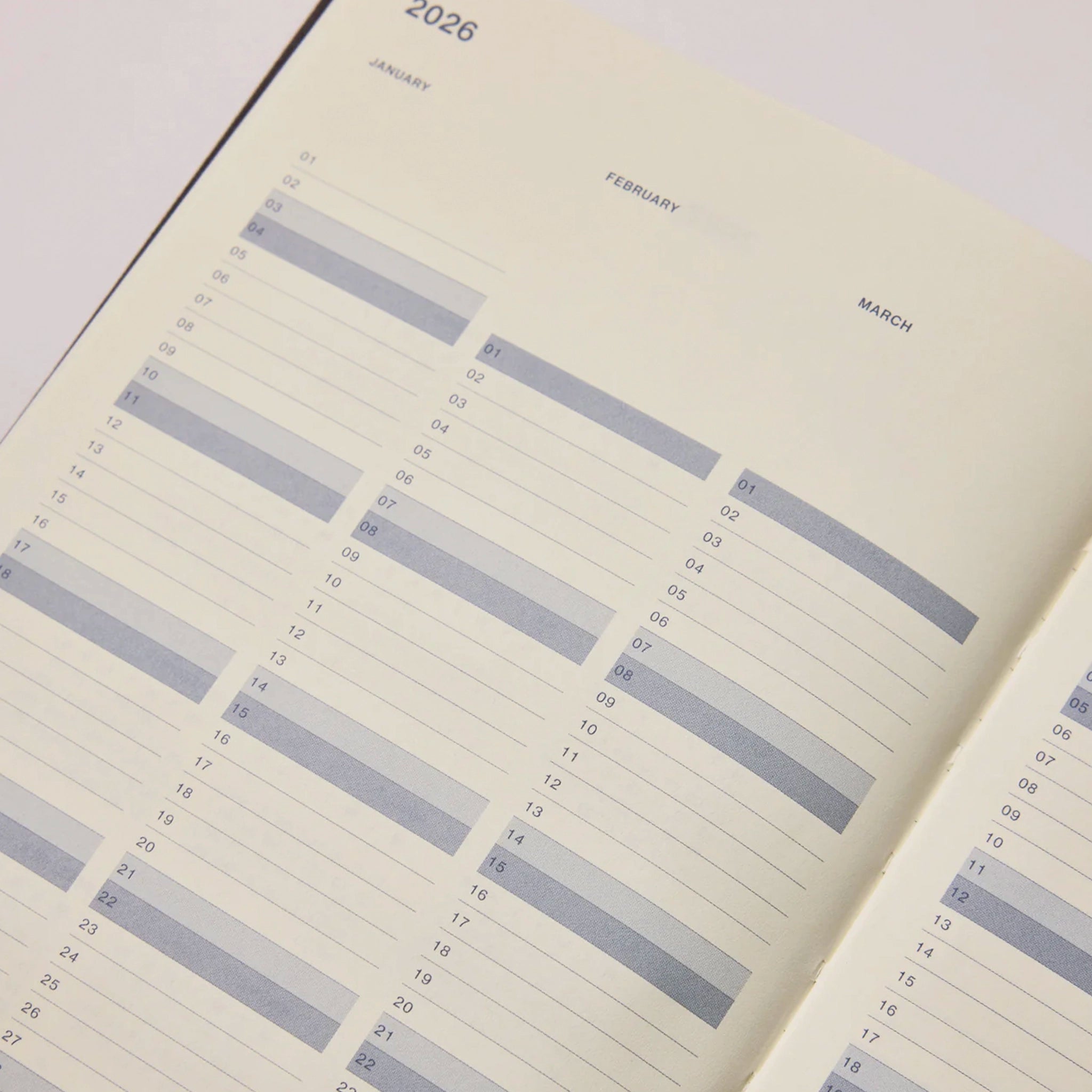 Calendar pages showing January to March 2026 on a light background