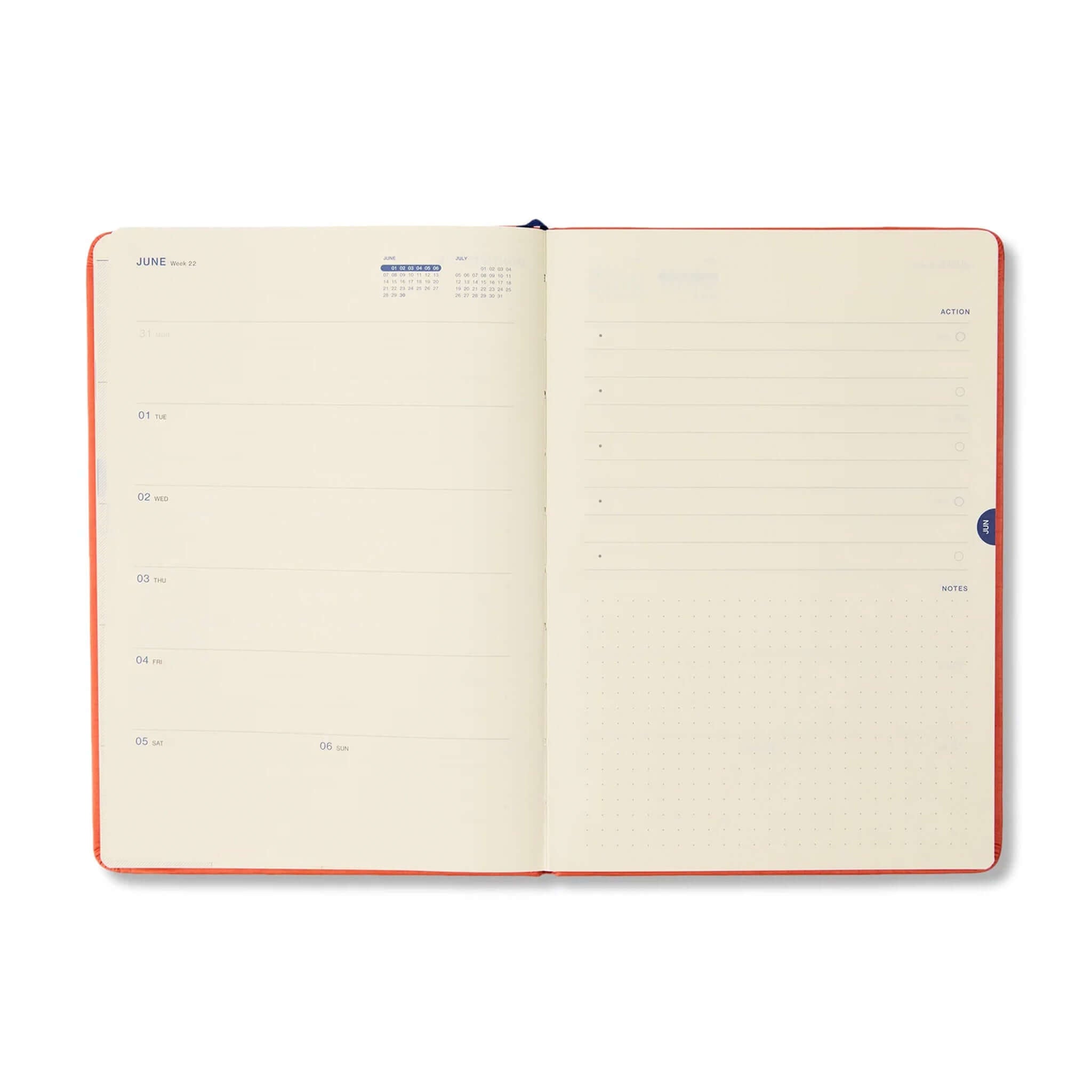 Milligram Any Day Now 2027 Weekly Achiever - Red & Pink open pages showing weekly planner layout.