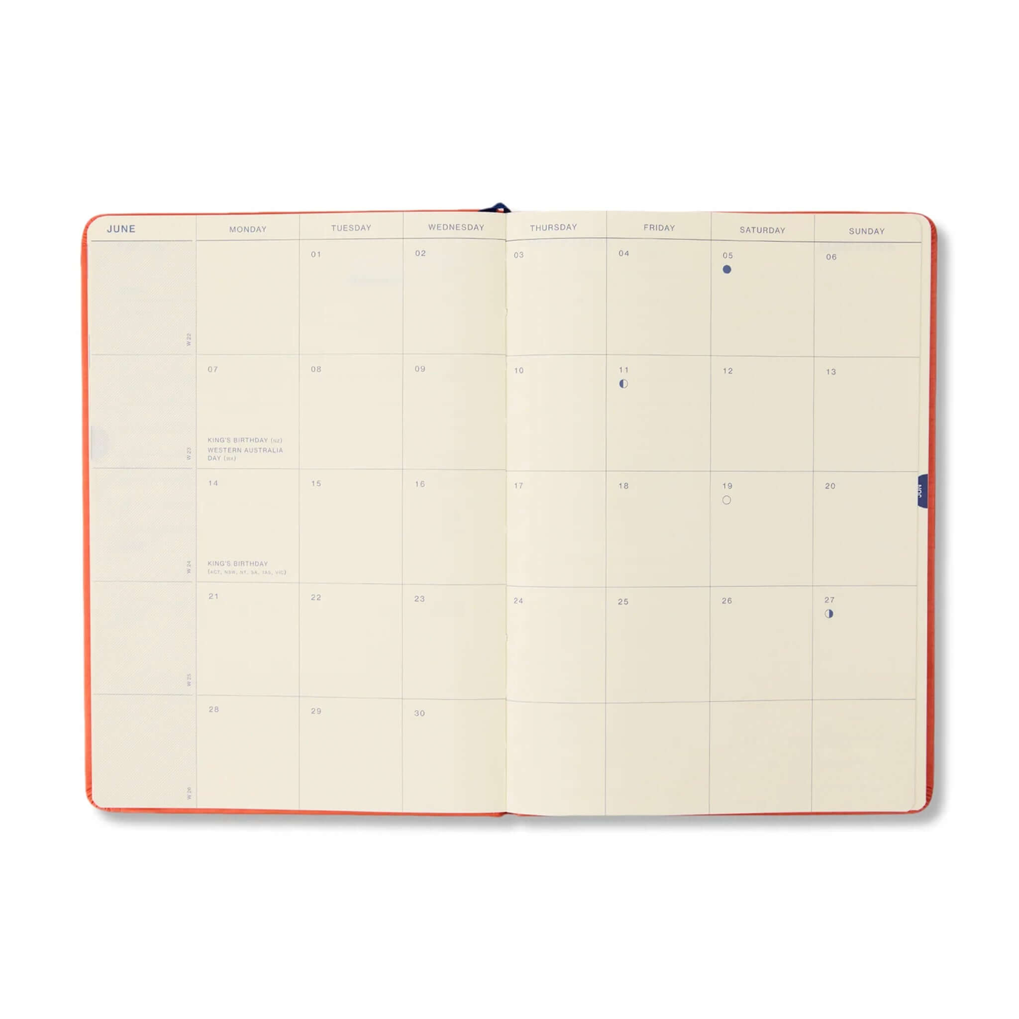Milligram Any Day Now 2027 Weekly Achiever - Red & Pink open calendar layout for June planning.
