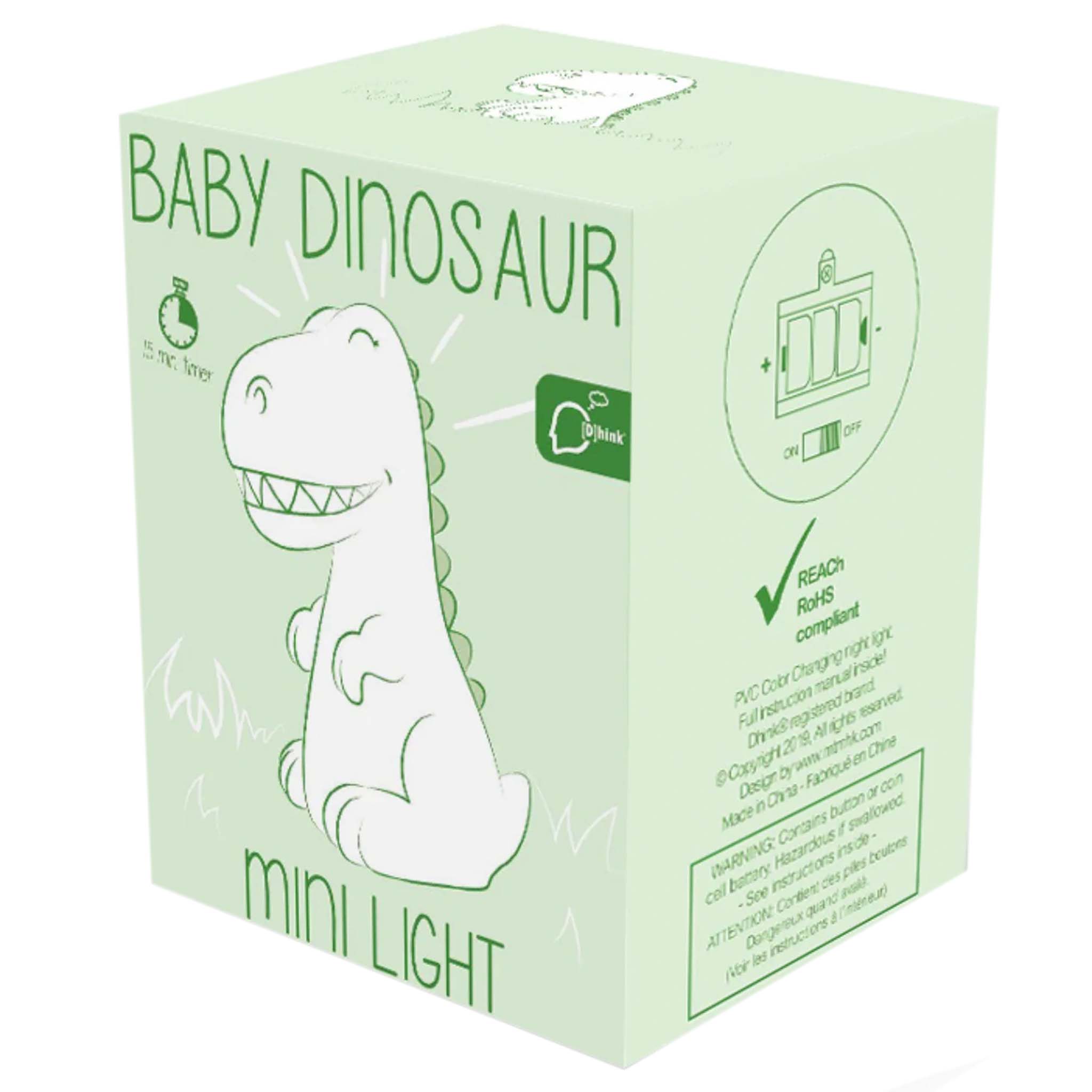 Mini Colour Changing Nightlight Baby Dinosaur - White & Green packaging with cute dinosaur design and features.
