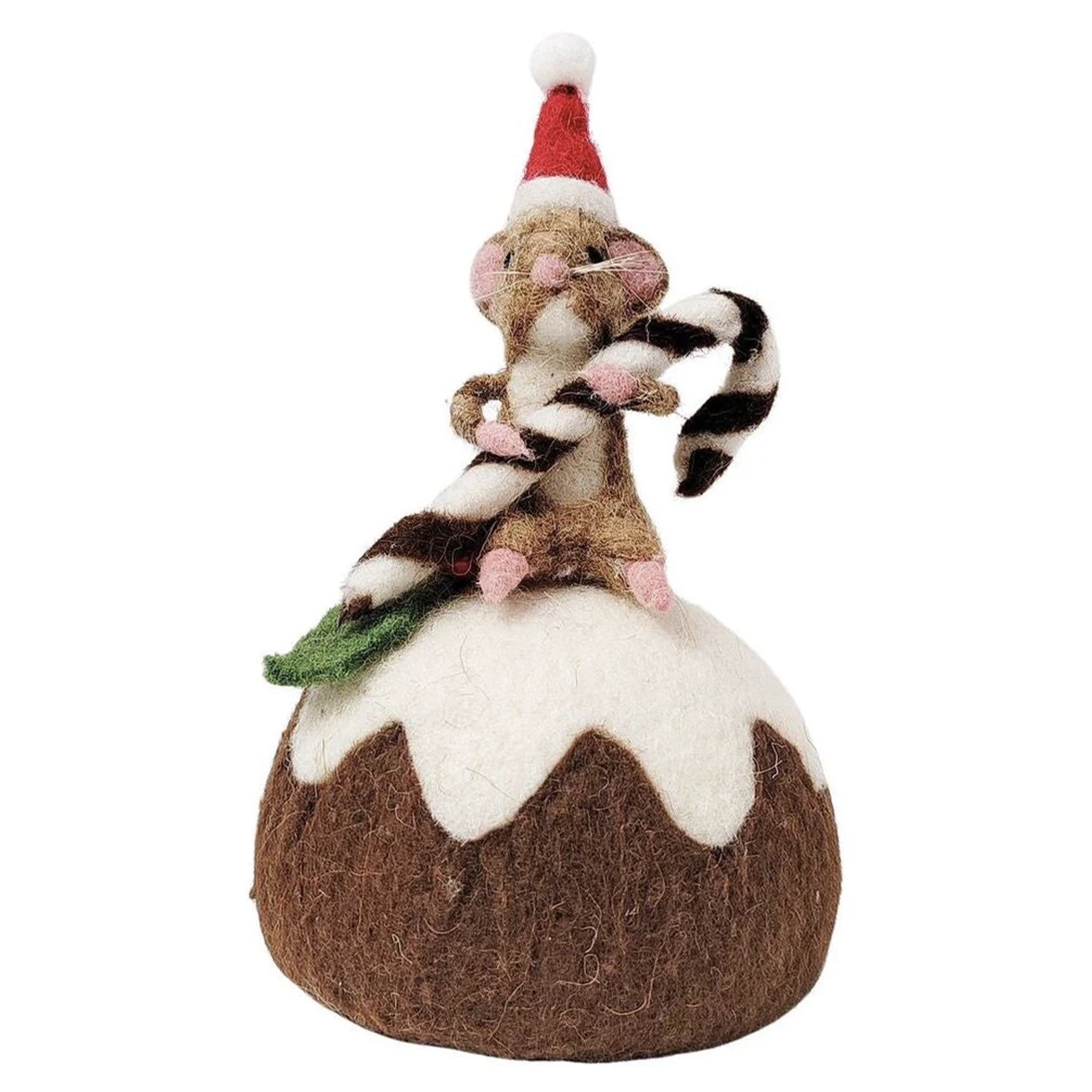 Felted Christmas decoration with a cat on a pudding, wearing a Santa hat.
