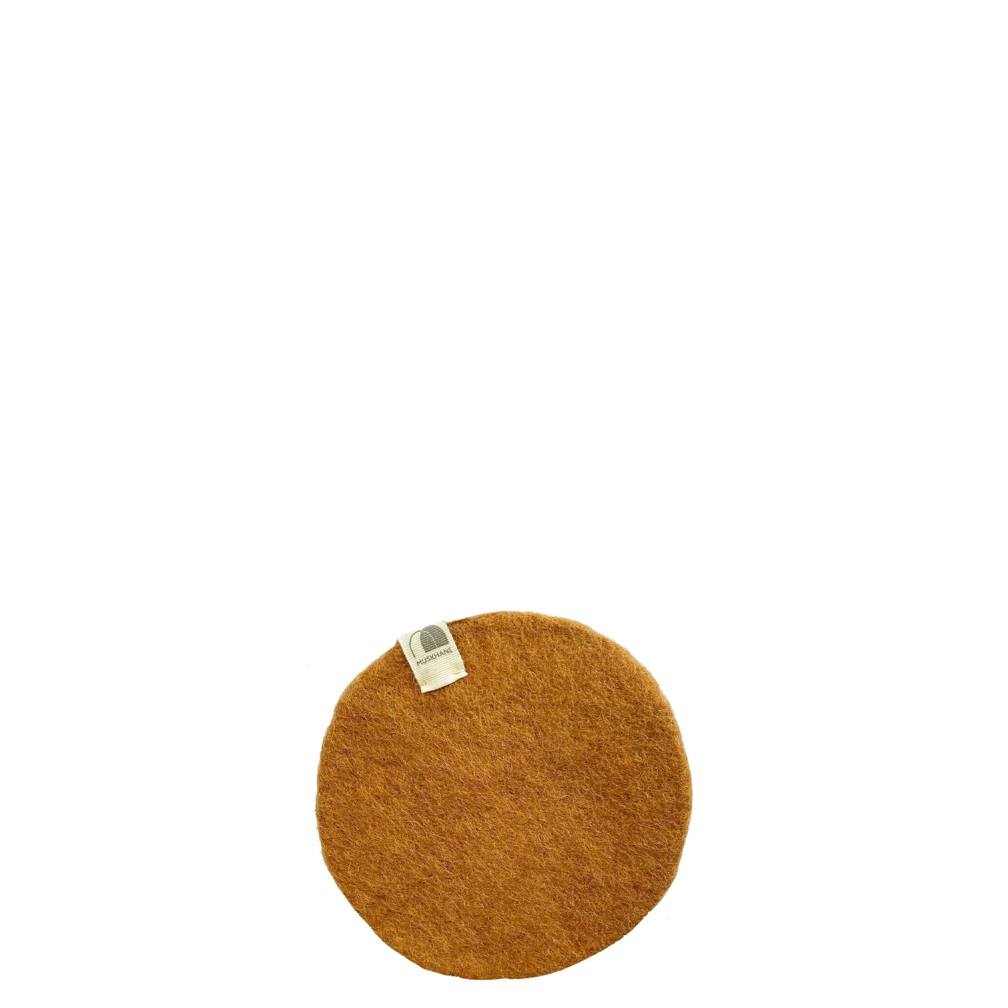 Muskhane Felt Plain Round Coaster - Caramel on white background, showcasing its round shape and warm caramel color.