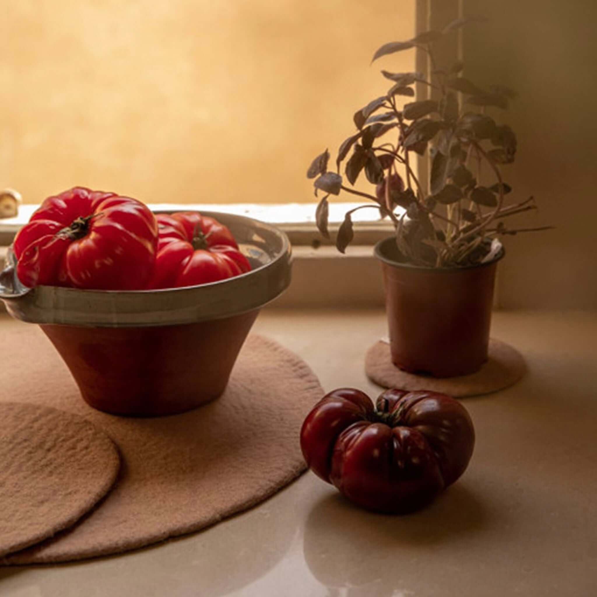 Muskhane Felt Plain Round Coaster - Nude displayed with red tomatoes and a potted plant on a marble countertop.