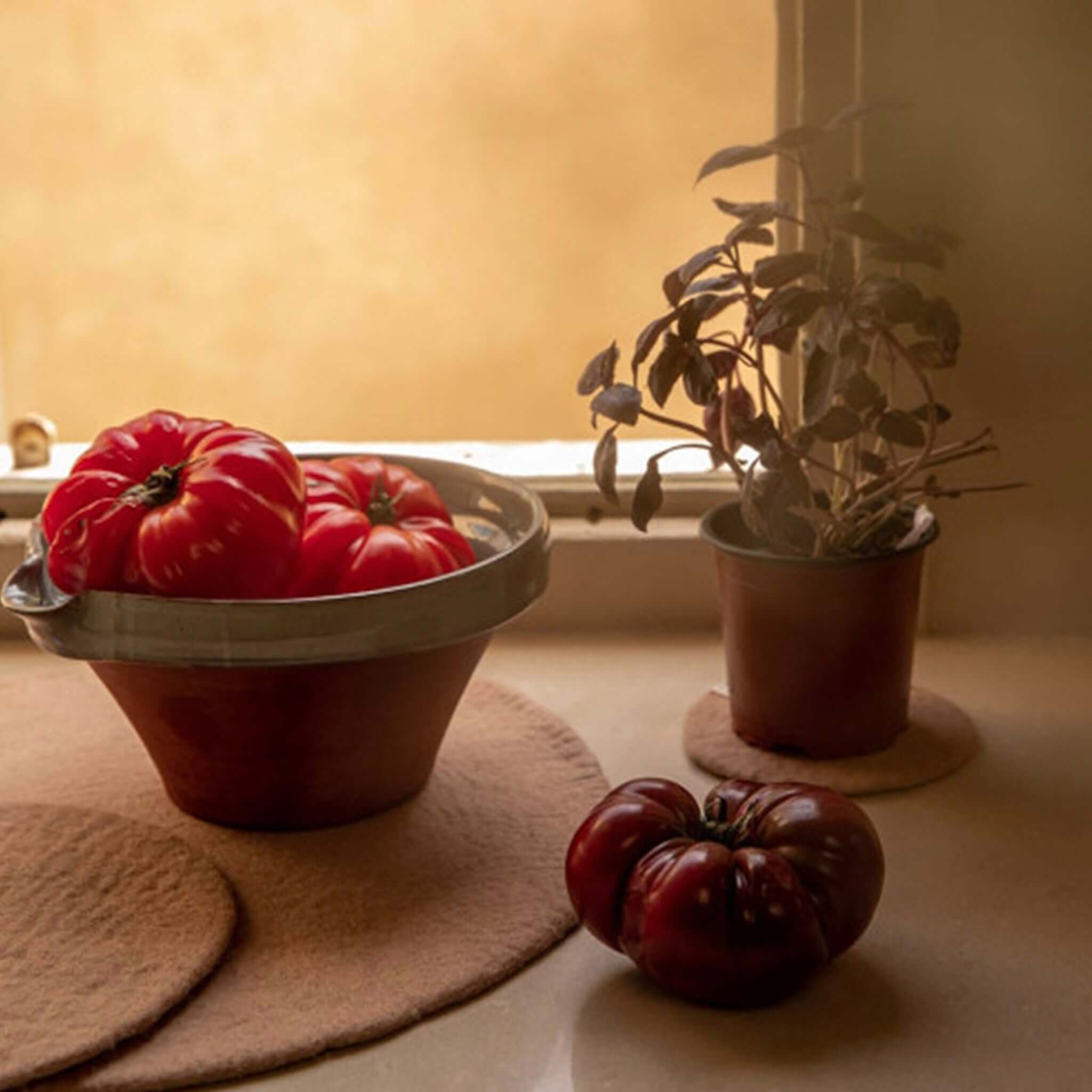 Muskhane Felt Plain Round Placemat - Nude Large placed under a bowl of tomatoes and a small plant on a countertop.