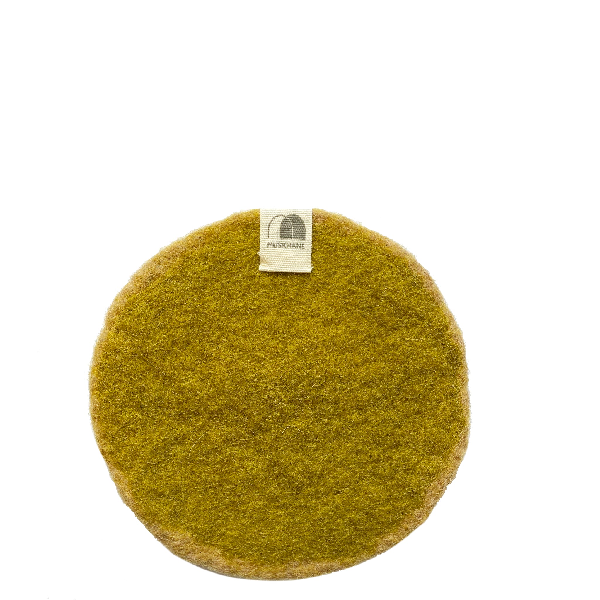 Round green felted coaster with a brand label on a white background