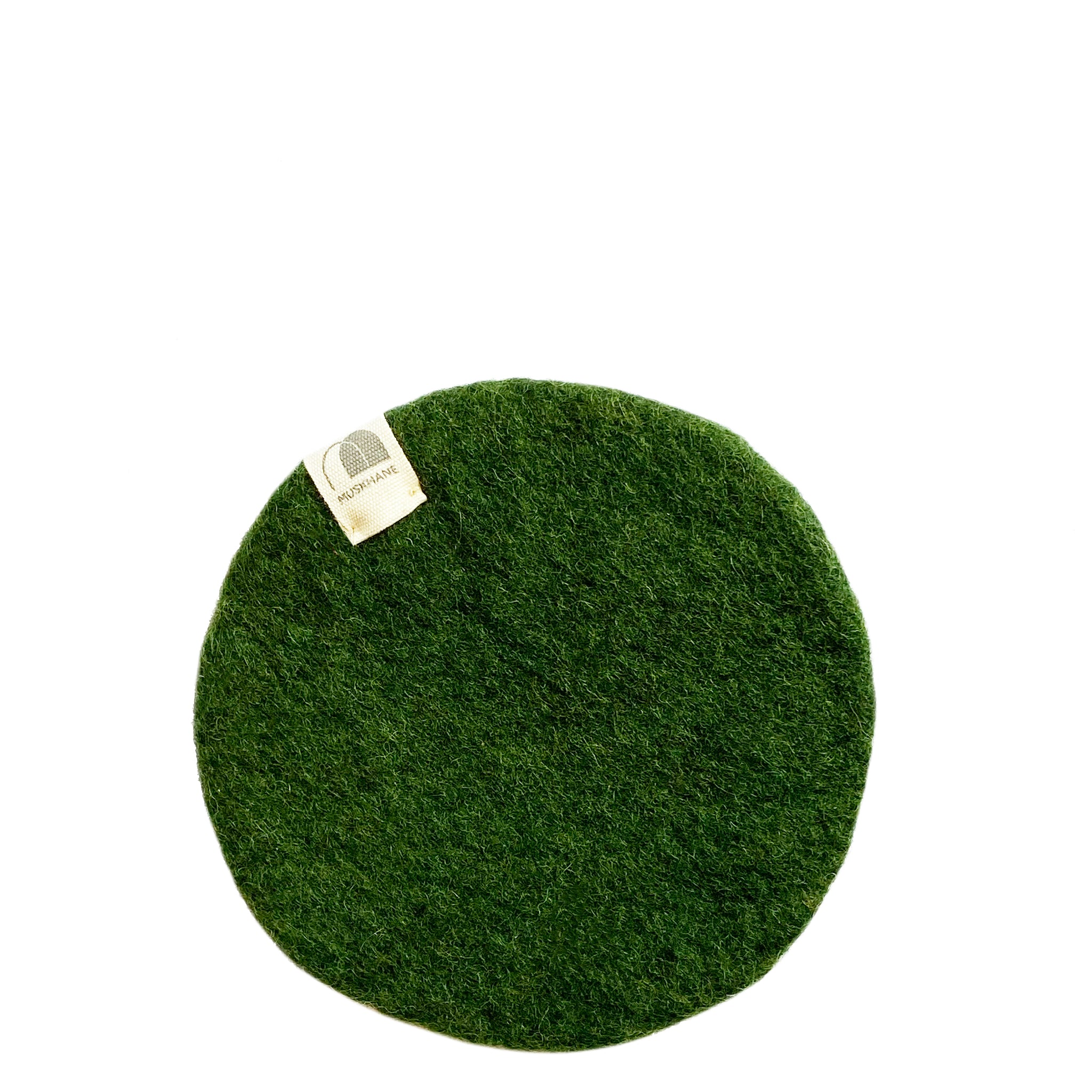Green round coaster with a tag on a white background