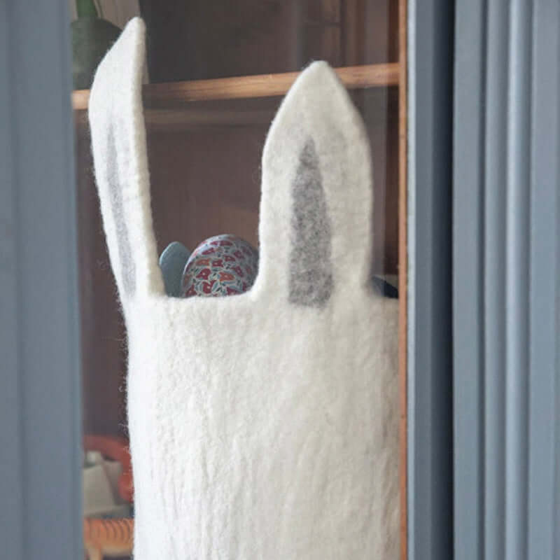 Muskhane Felt Basket - Pasu Bunny Natural with big rabbit ears, perfect for children's toy storage.