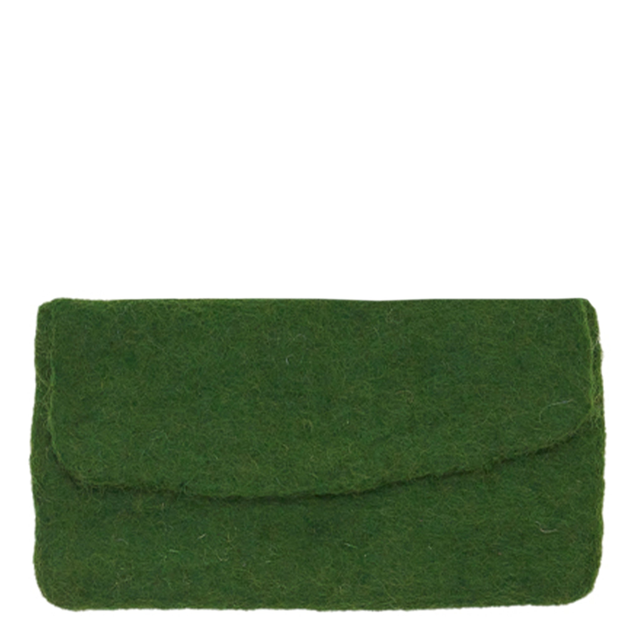 Green felt glasses case on a white background