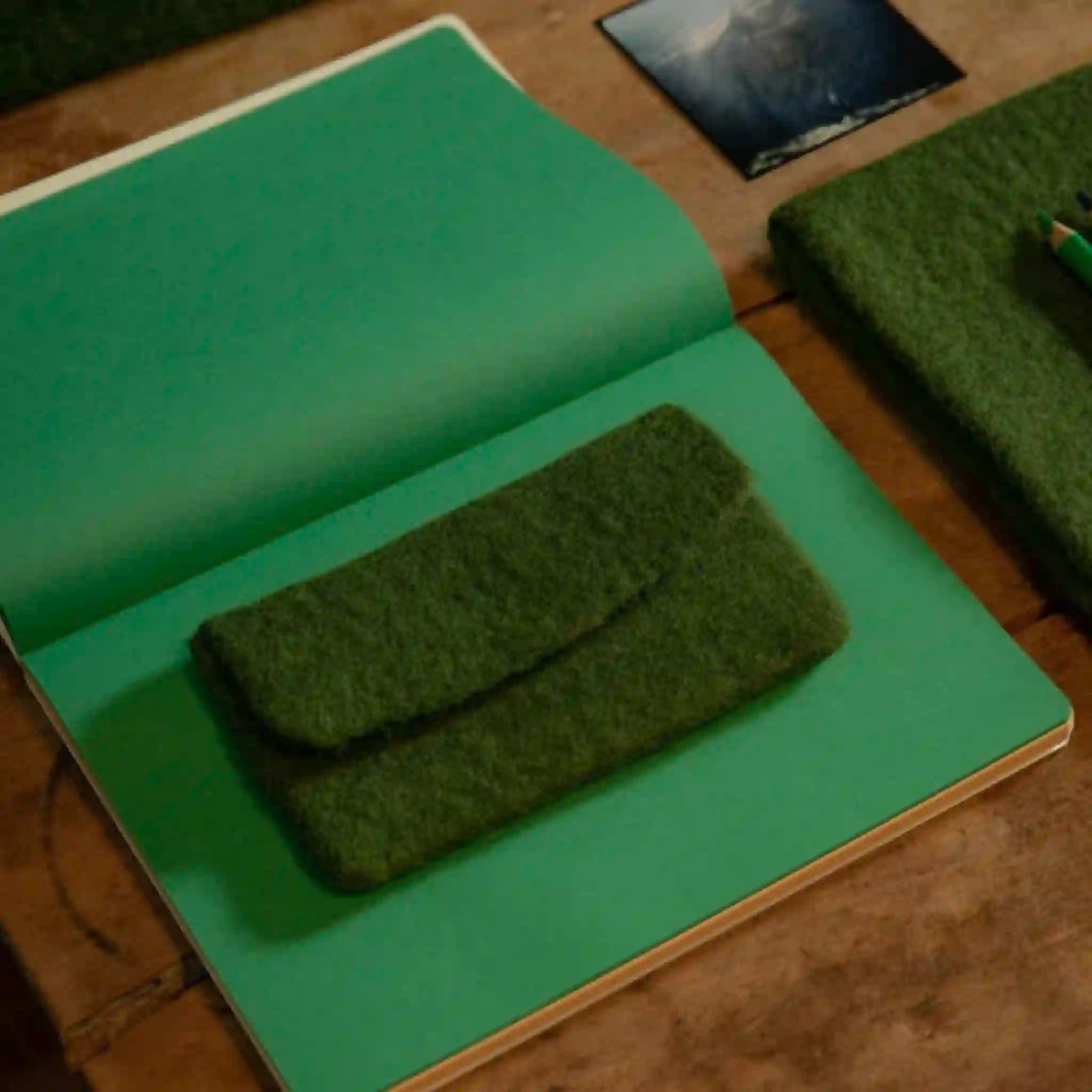 Green felt glasses case on an open green notebook