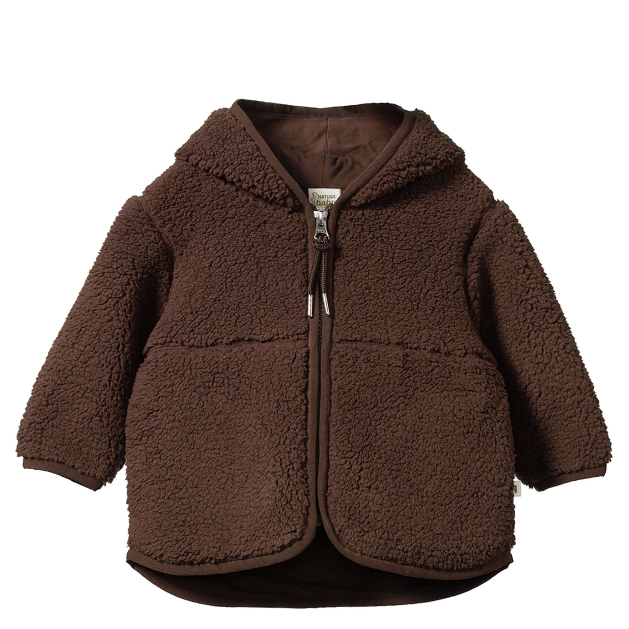 Alt Tag: Nature Baby Field Jacket - Pinecone brown hooded kids jacket with zip front and pockets