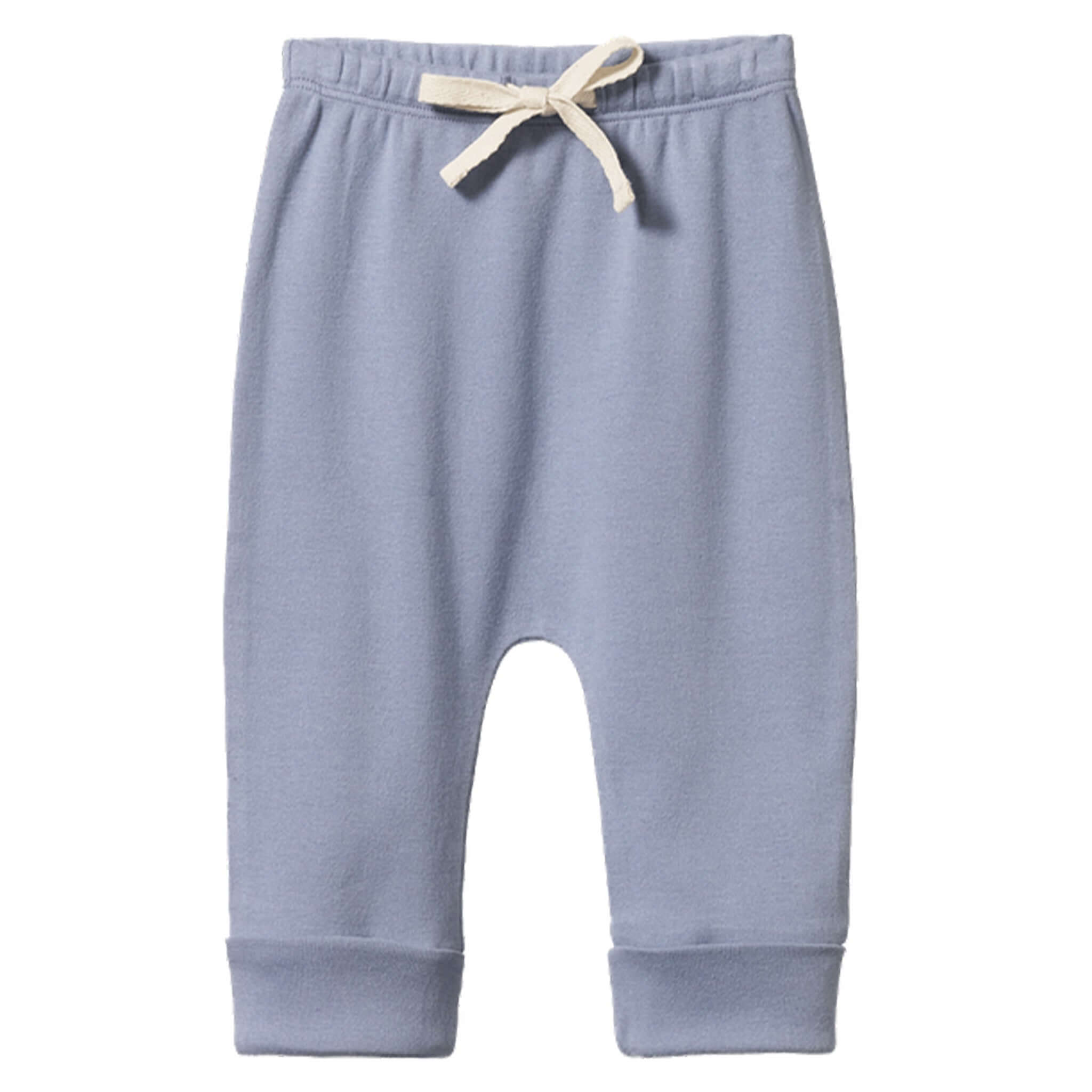 Alt Tag: Nature Baby Organic Cotton Drawstring Pants - Dusky Blue GOTS organic cotton baby pants with elastic waist, adjustable drawstring, cuffed legs