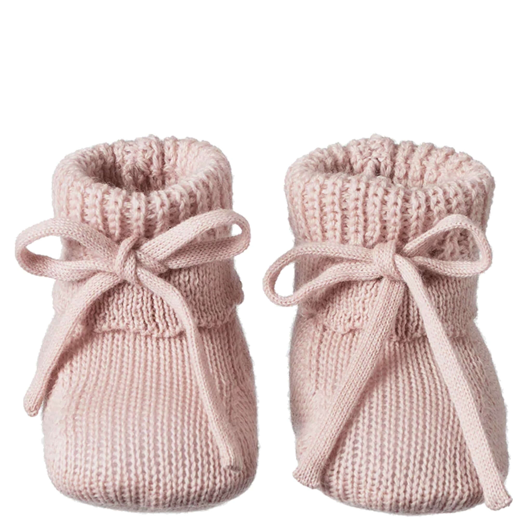 Alt Tag: Nature Baby Organic Cotton Drawstring Teddy Booties - Rose Dust pink knitted baby booties with drawstring ties, cosy fold-down cuffs