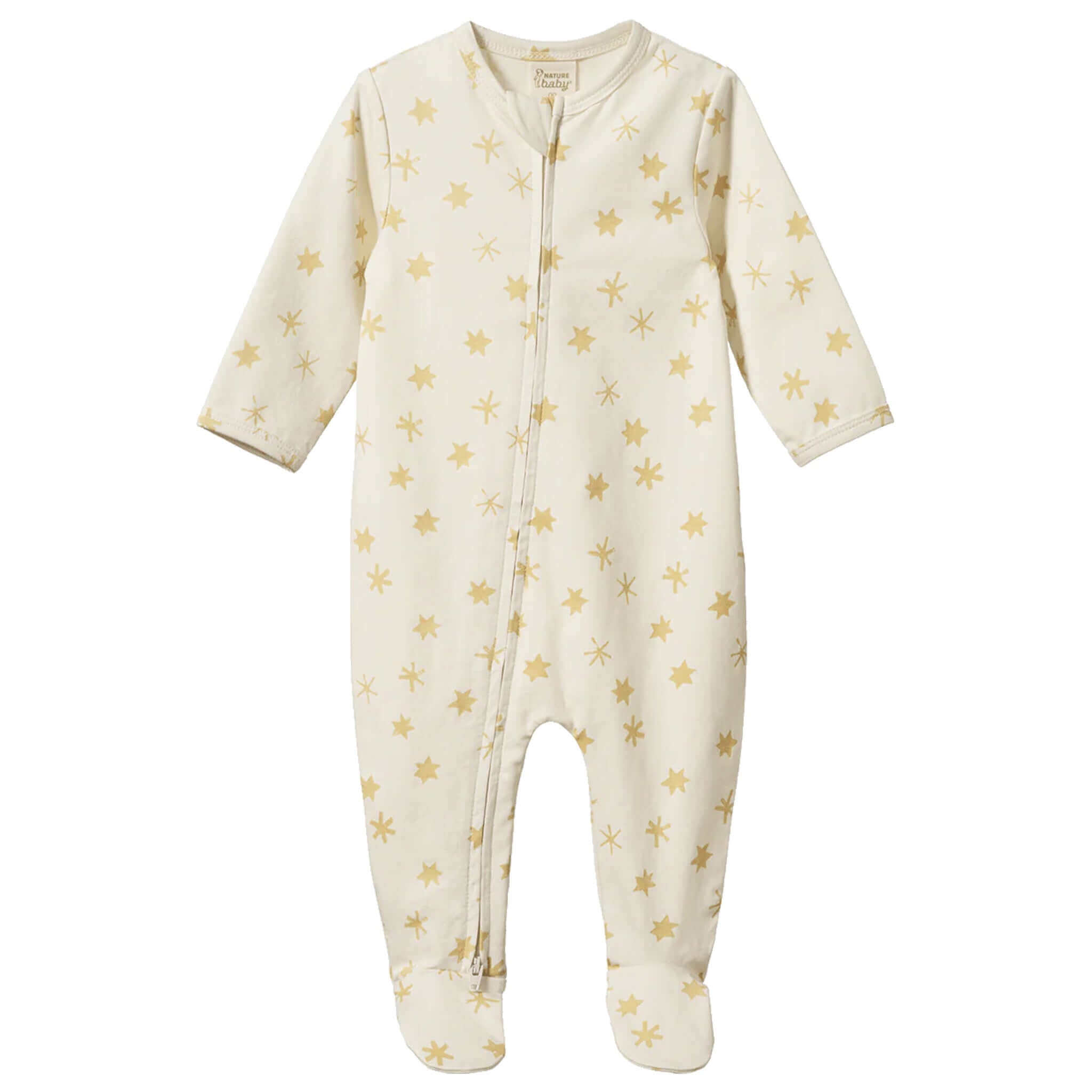 Alt Tag: Nature Baby Organic Cotton Dreamlands Suit - Etoile cream star print footed sleepsuit with double-ended zip, GOTS organic cotton