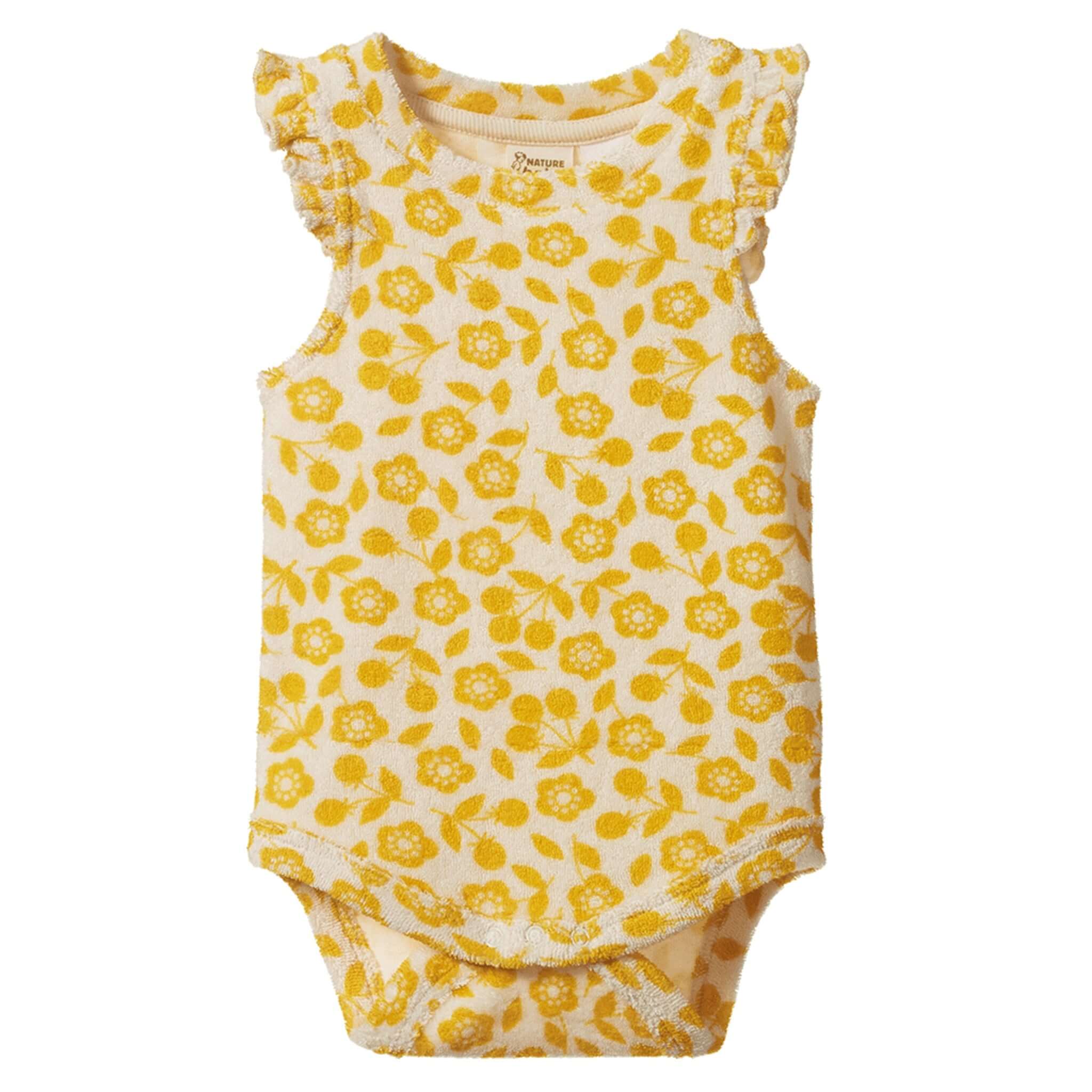 Nature Baby Organic Cotton Fleur Bodysuit - Kitchen Garden Freesia with floral print and ruffle shoulders.