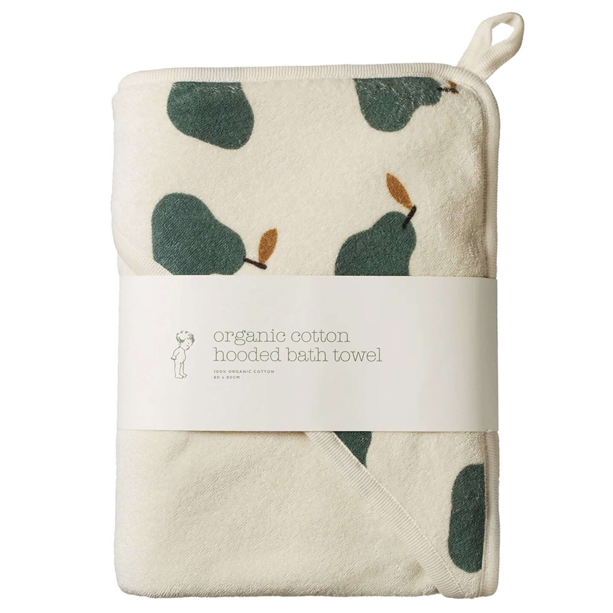 Nature Baby Organic Cotton Hooded Towel - Pear wrapped with label, showcasing its soft organic cotton fabric.