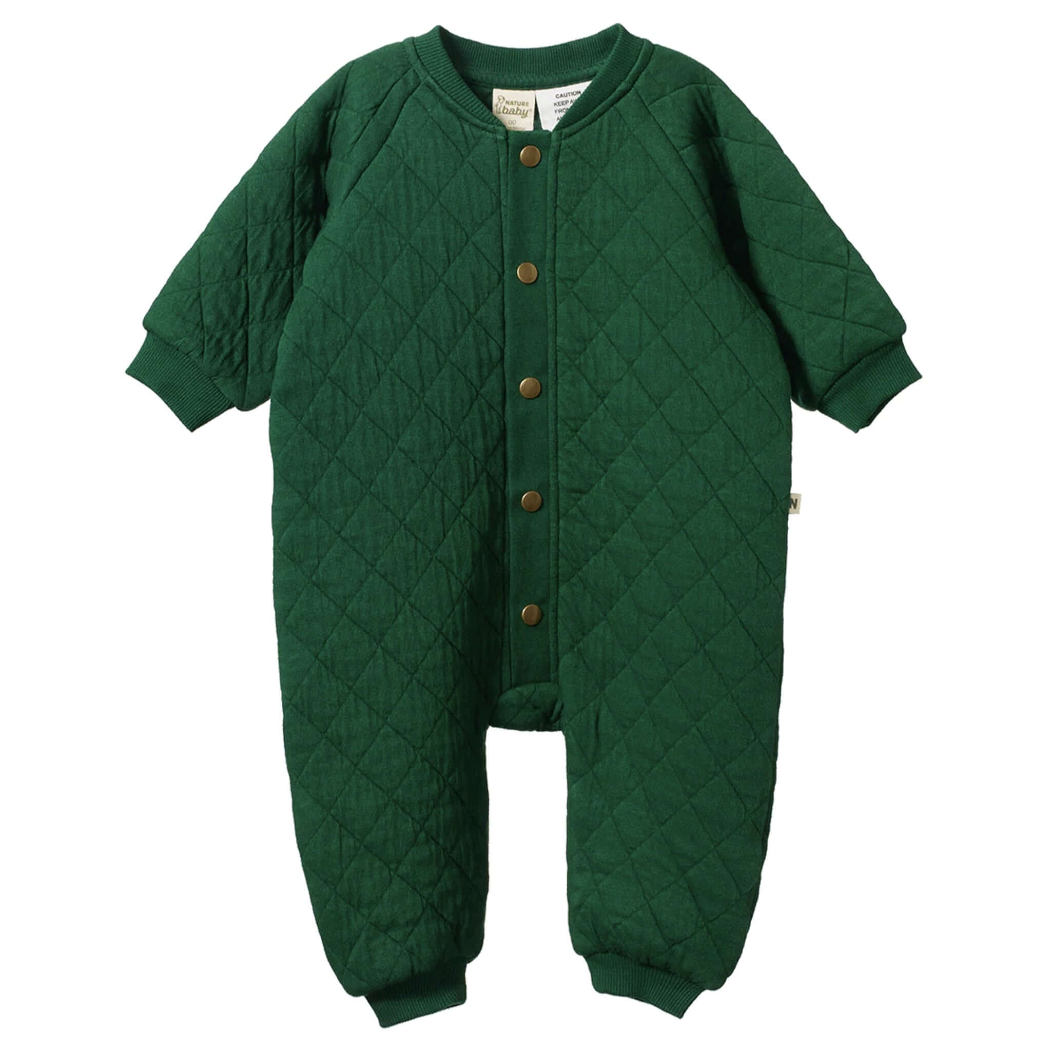 Alt Tag: Nature Baby Organic Cotton Long Sleeve Juno Quilted Romper - Eden green quilted long sleeve baby romper with snap buttons