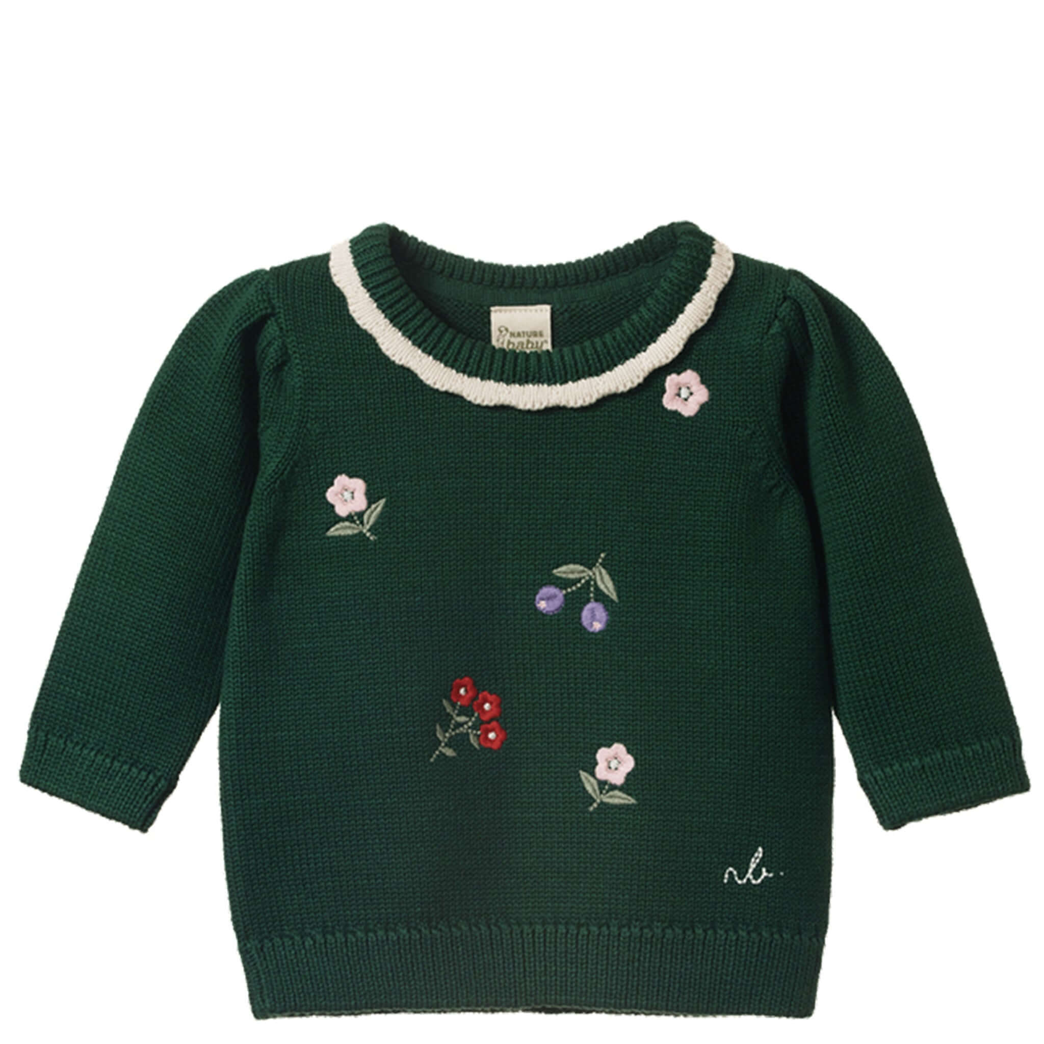 Alt Tag: Nature Baby Organic Cotton Margot Sweater - Eden Garden green knit baby sweater with floral embroidery and scalloped contrast neckline