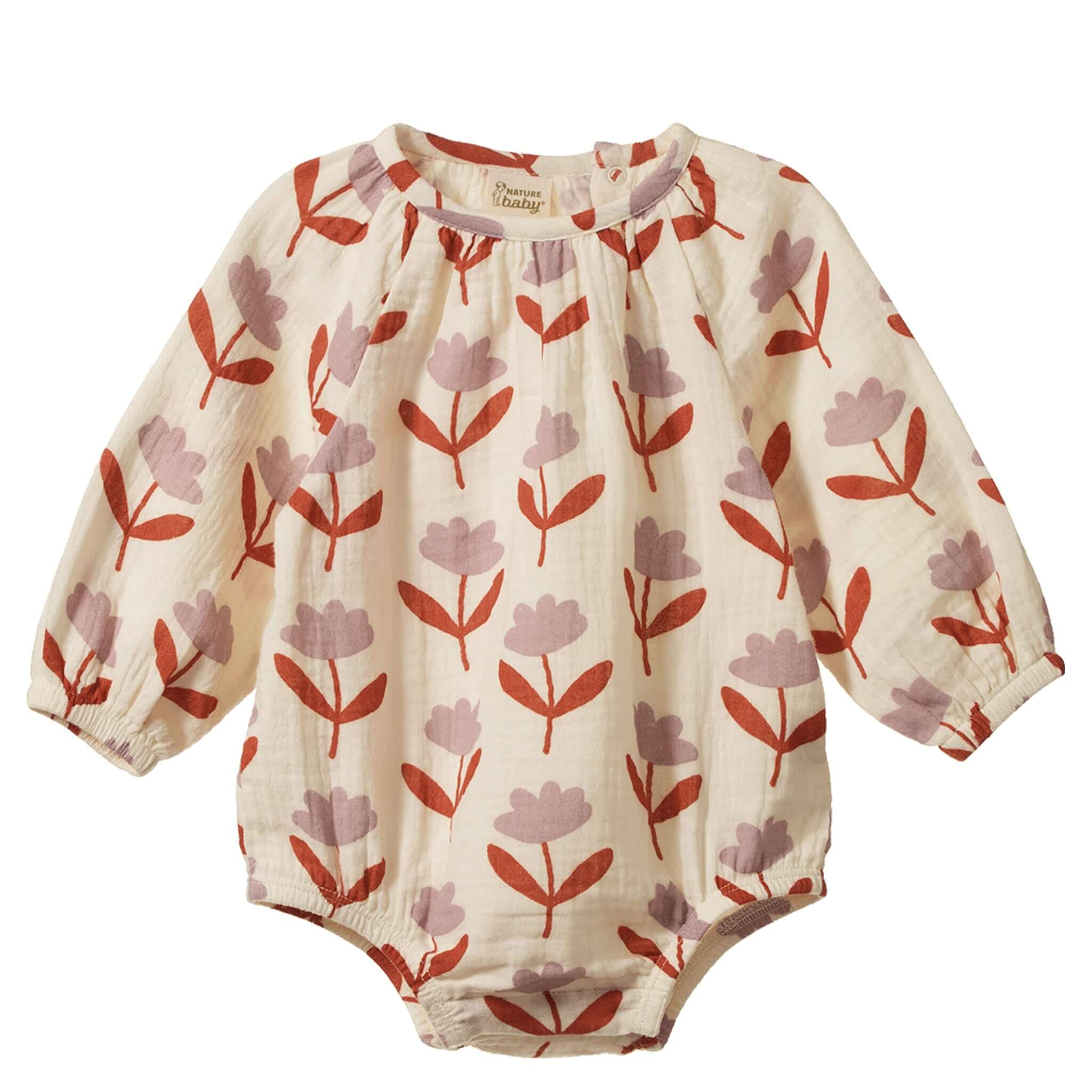Nature Baby Organic Cotton Meadow Long Sleeve Muslin Bodysuit - Fleurette featuring floral print in terracotta and mauve.